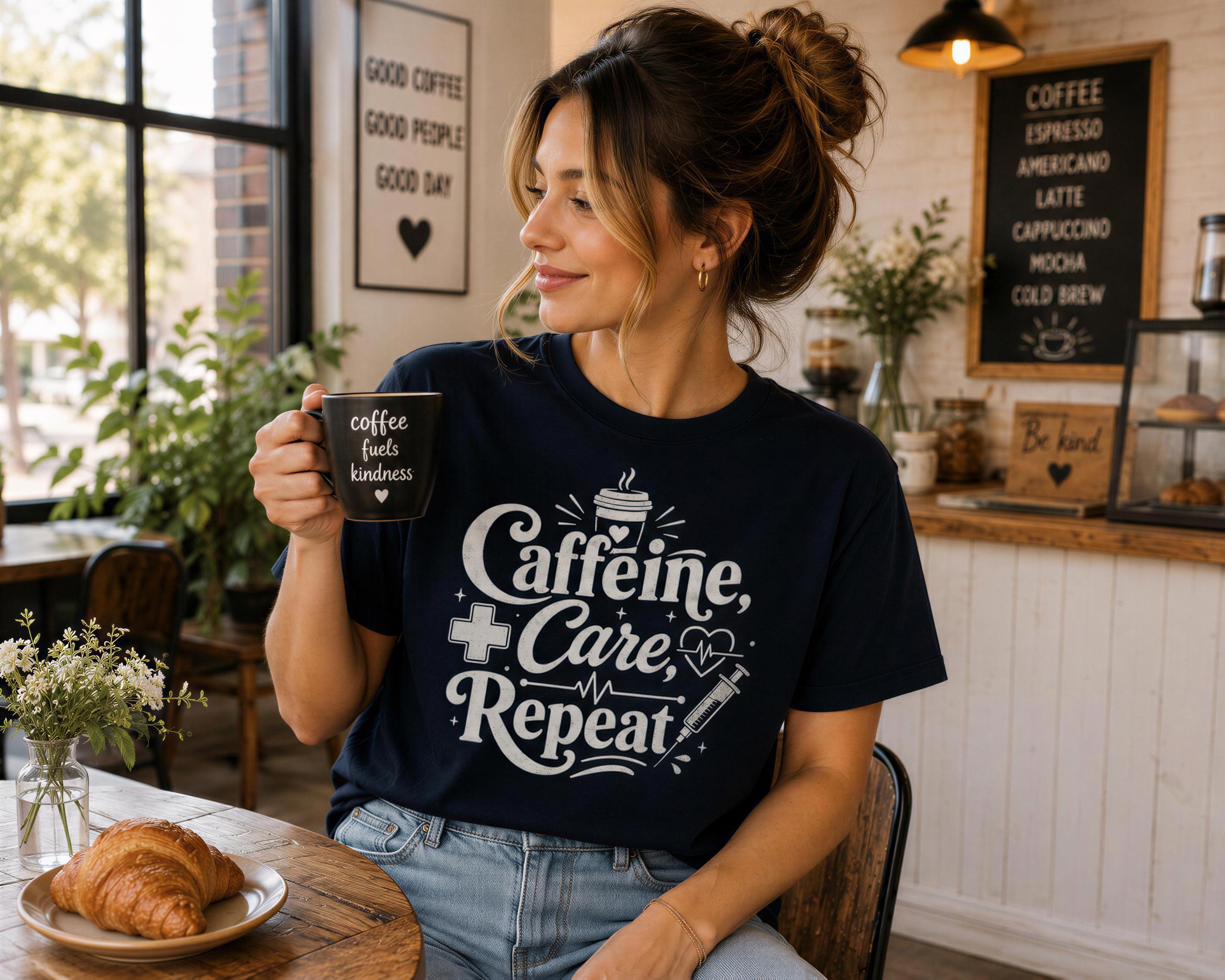 A woman wearing a black t-shirt with a white design holding a coffee mug and sitting at a table in a coffee shop.