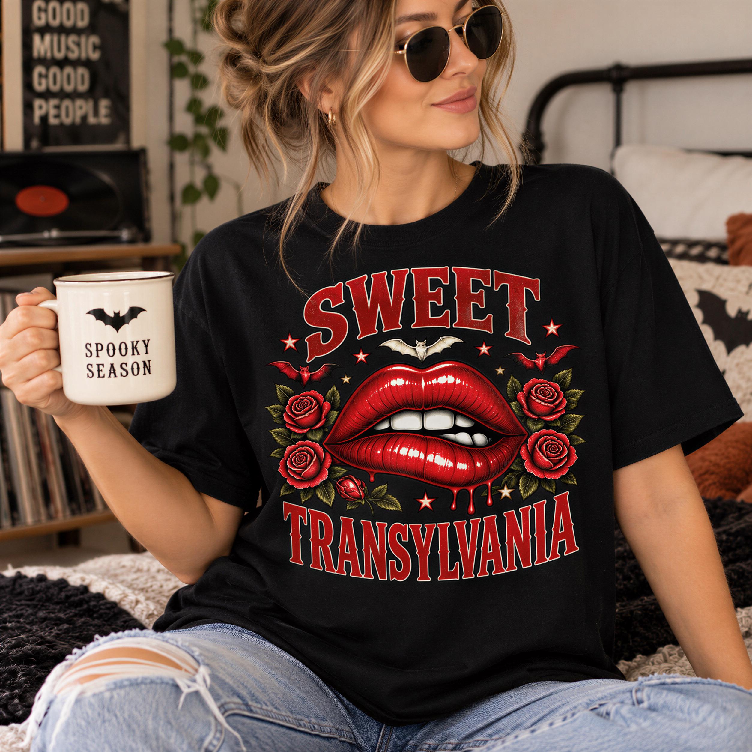 A woman wearing a black t-shirt with a graphic design and holding a mug with a bat logo on it.