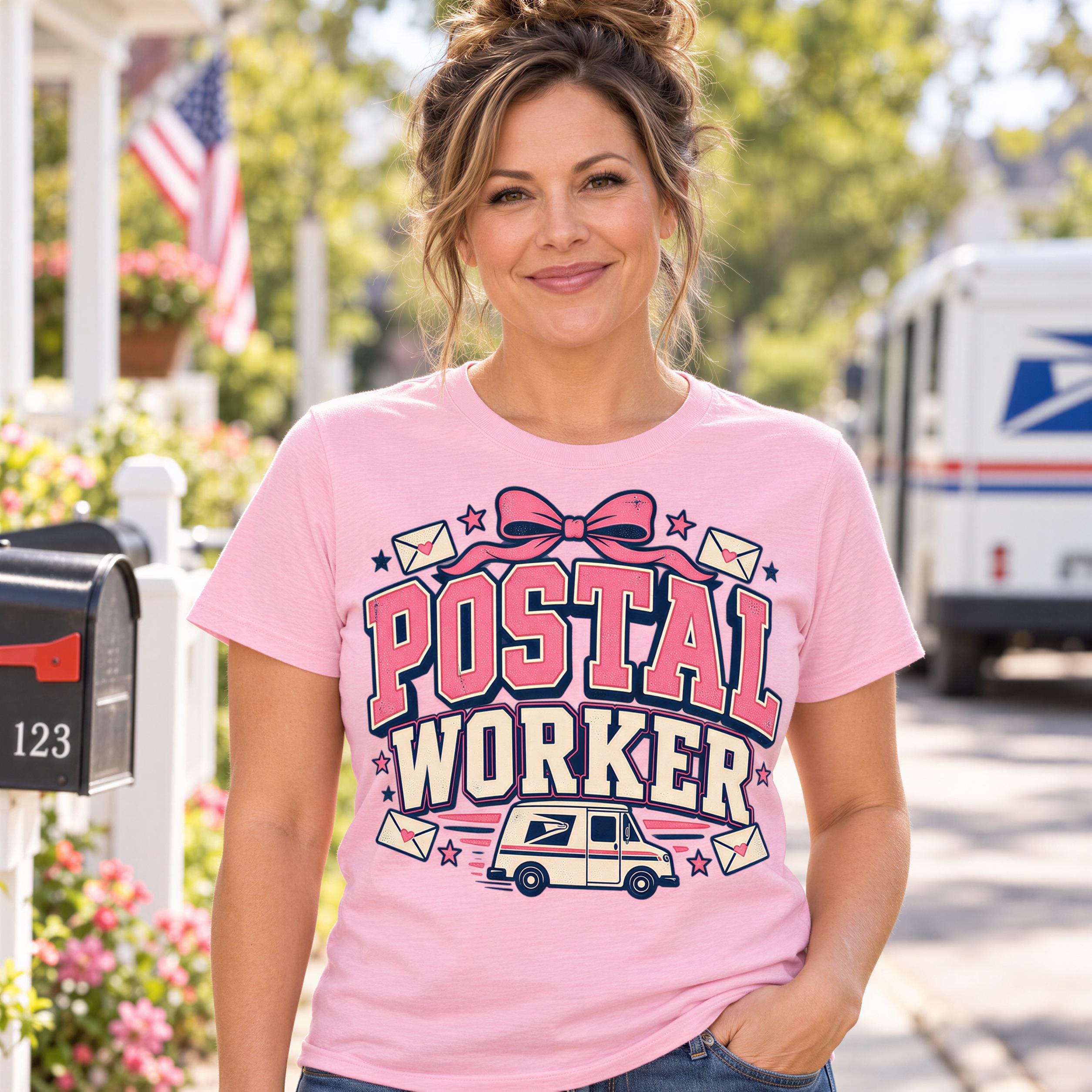 A woman wearing a pink t-shirt with the text "Postal Worker" stands in front of a mailbox and a white truck.
