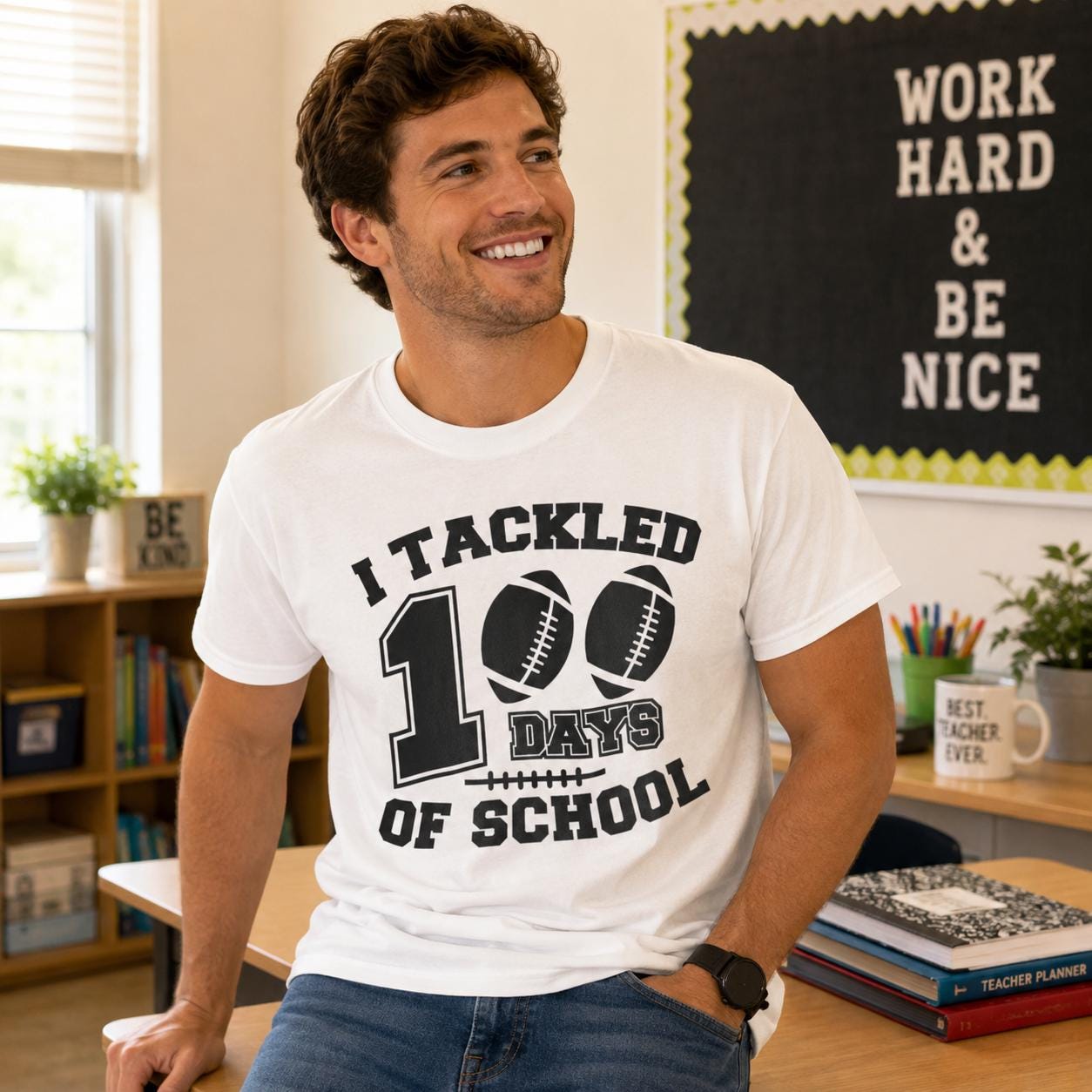 A man wearing a white t-shirt with the text "I TACKLED 100 DAYS OF SCHOOL" is smiling and sitting in a classroom setting with a bulletin board and bookshelves in the background.