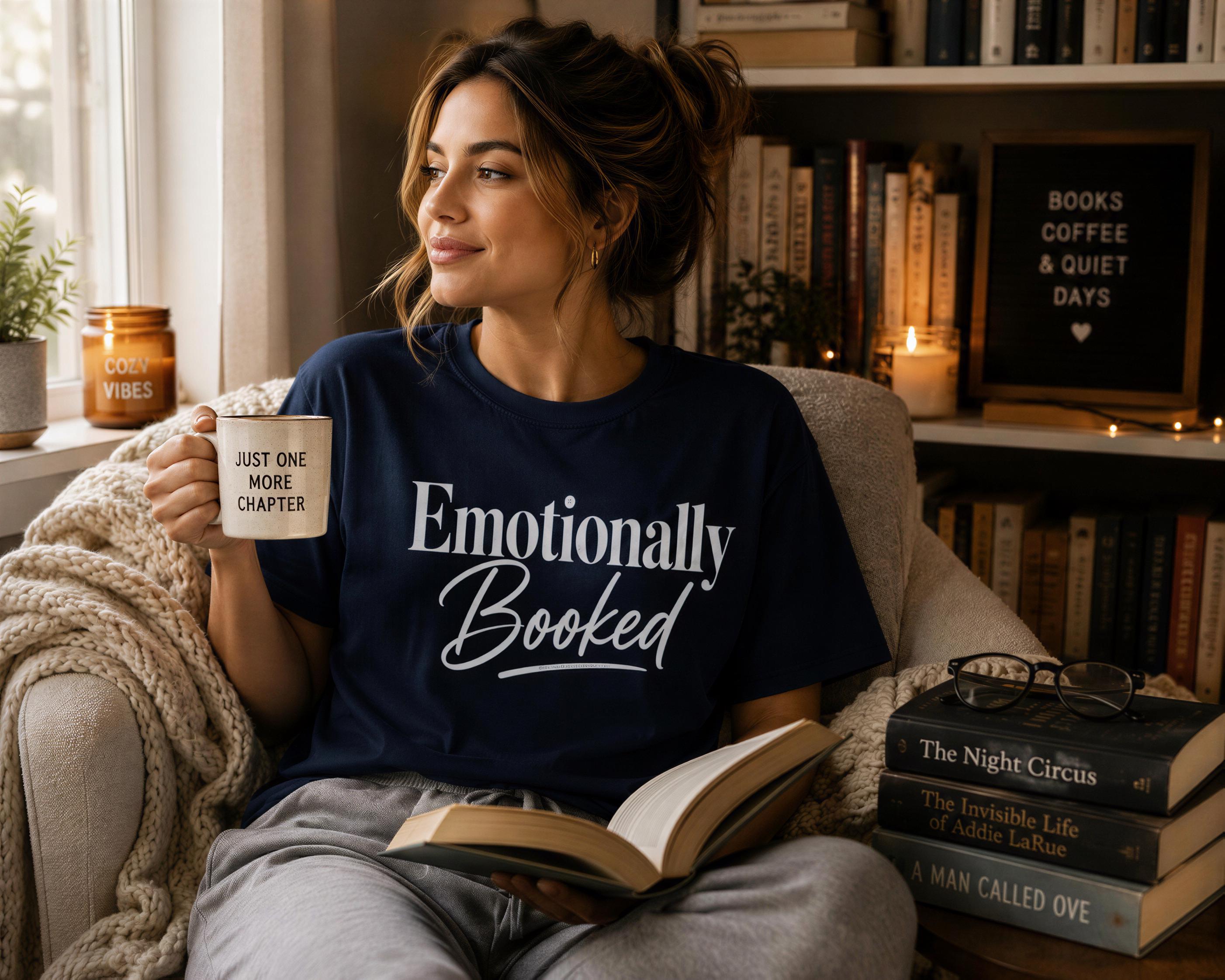 A woman sits comfortably in a chair, holding a mug and reading a book, with a bookshelf filled with books in the background.