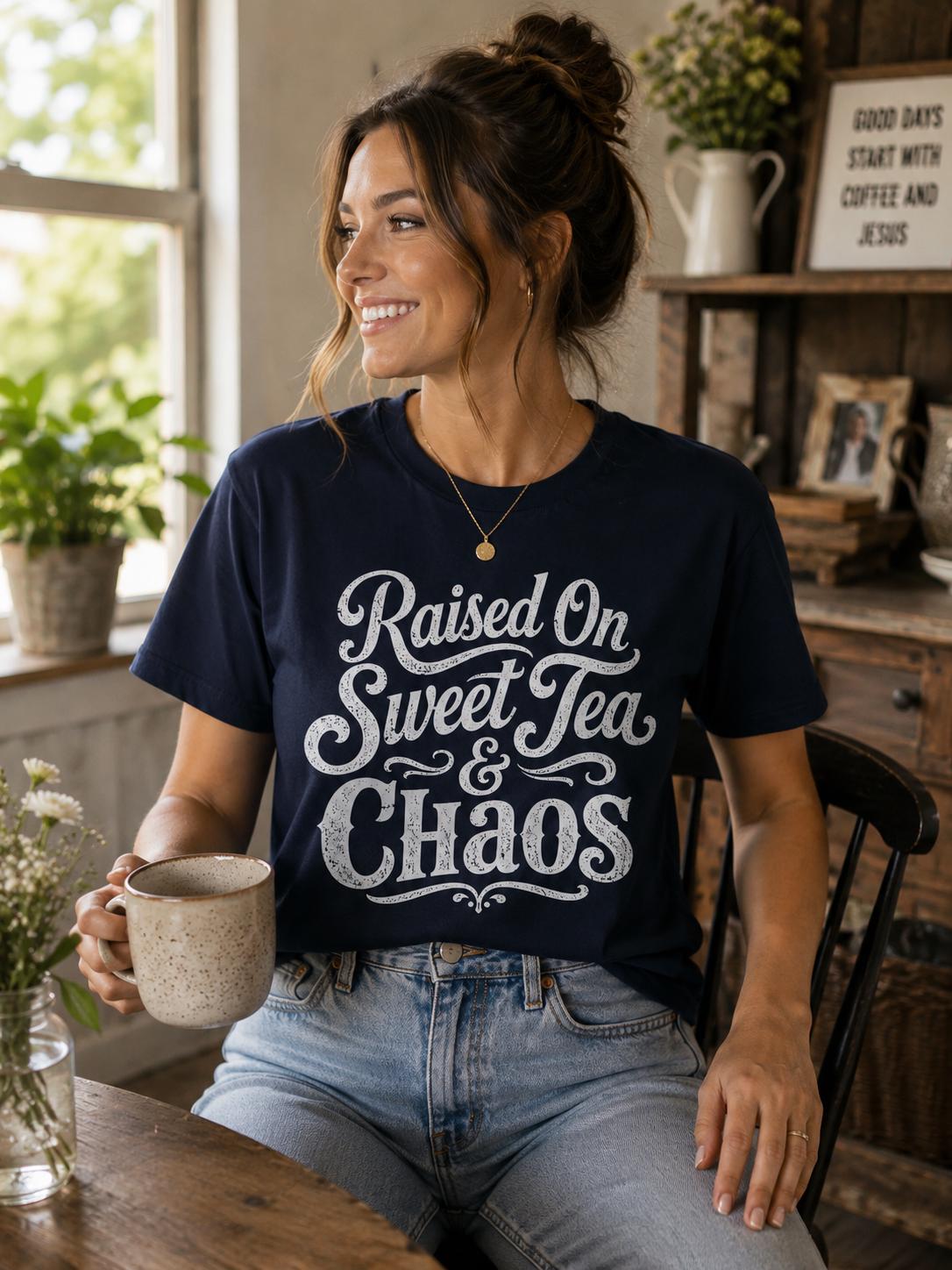 A woman wearing a navy blue t-shirt with the text "Raised On Sweet Tea & Chaos" is sitting at a table, smiling and holding a coffee mug.