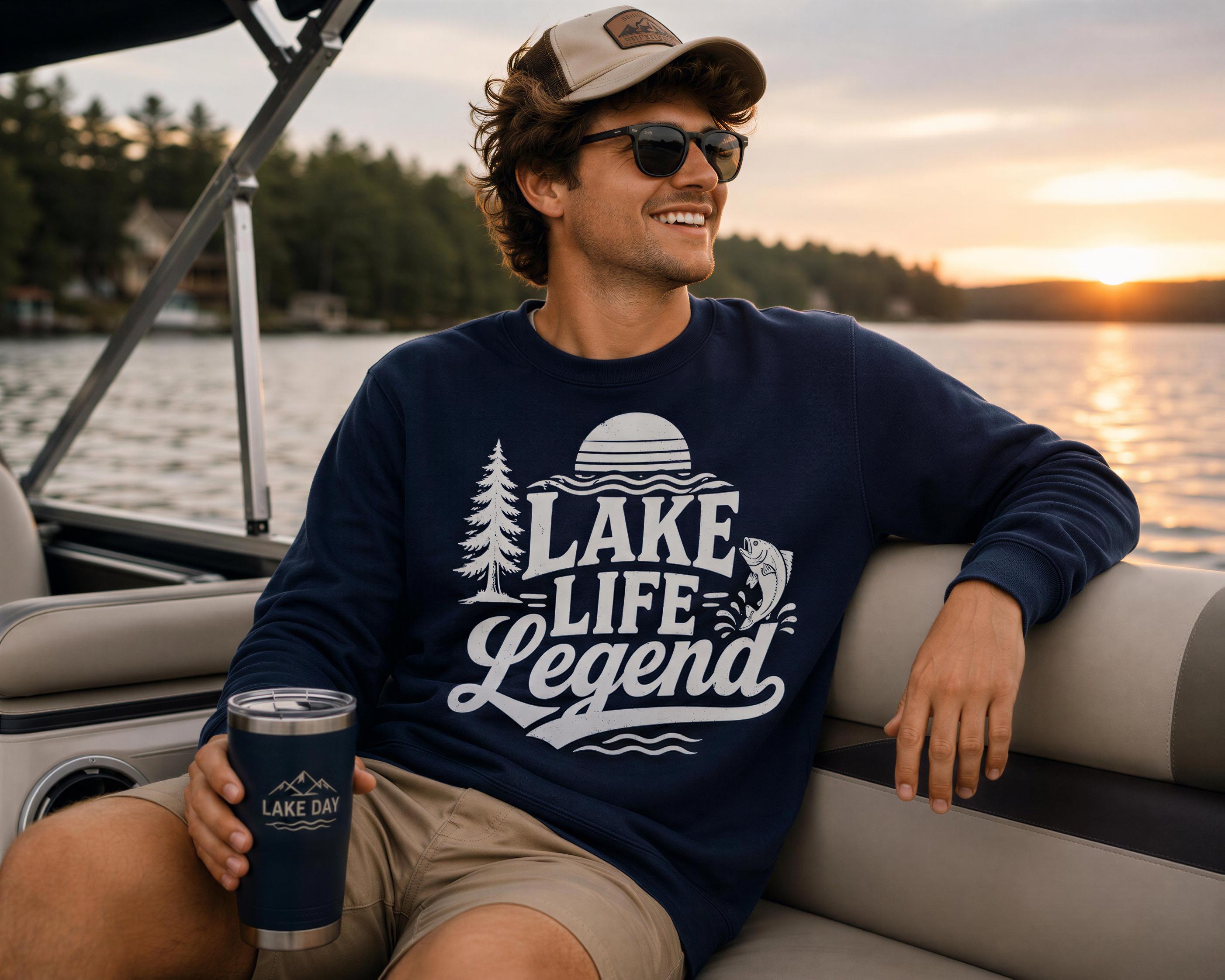 A man wearing a hat and sunglasses is sitting on a boat, holding a cup and smiling at the camera.