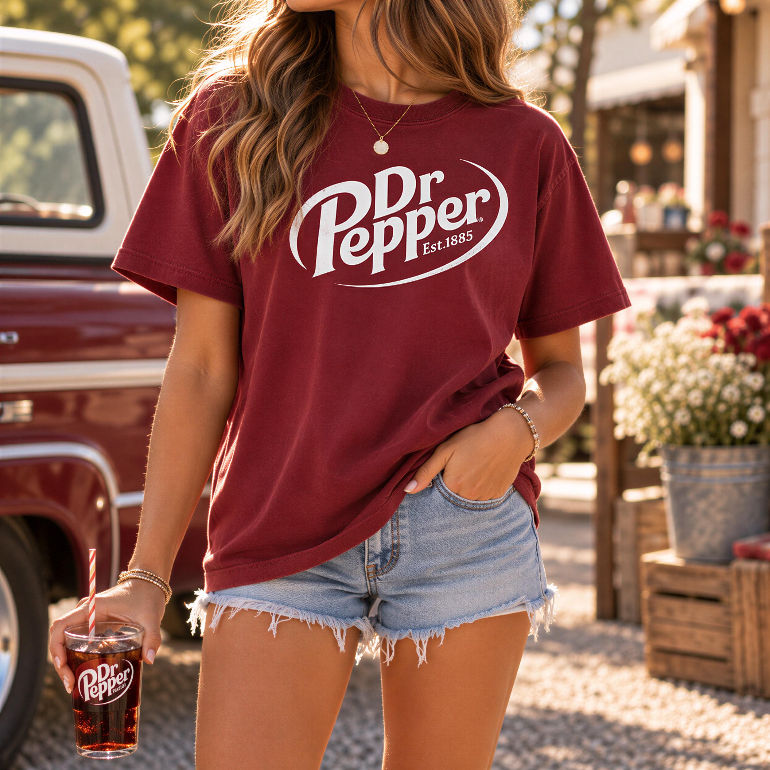 A woman wearing a red t-shirt with the Dr Pepper logo and denim shorts is holding a glass of Dr Pepper in front of a red truck and a wooden crate.