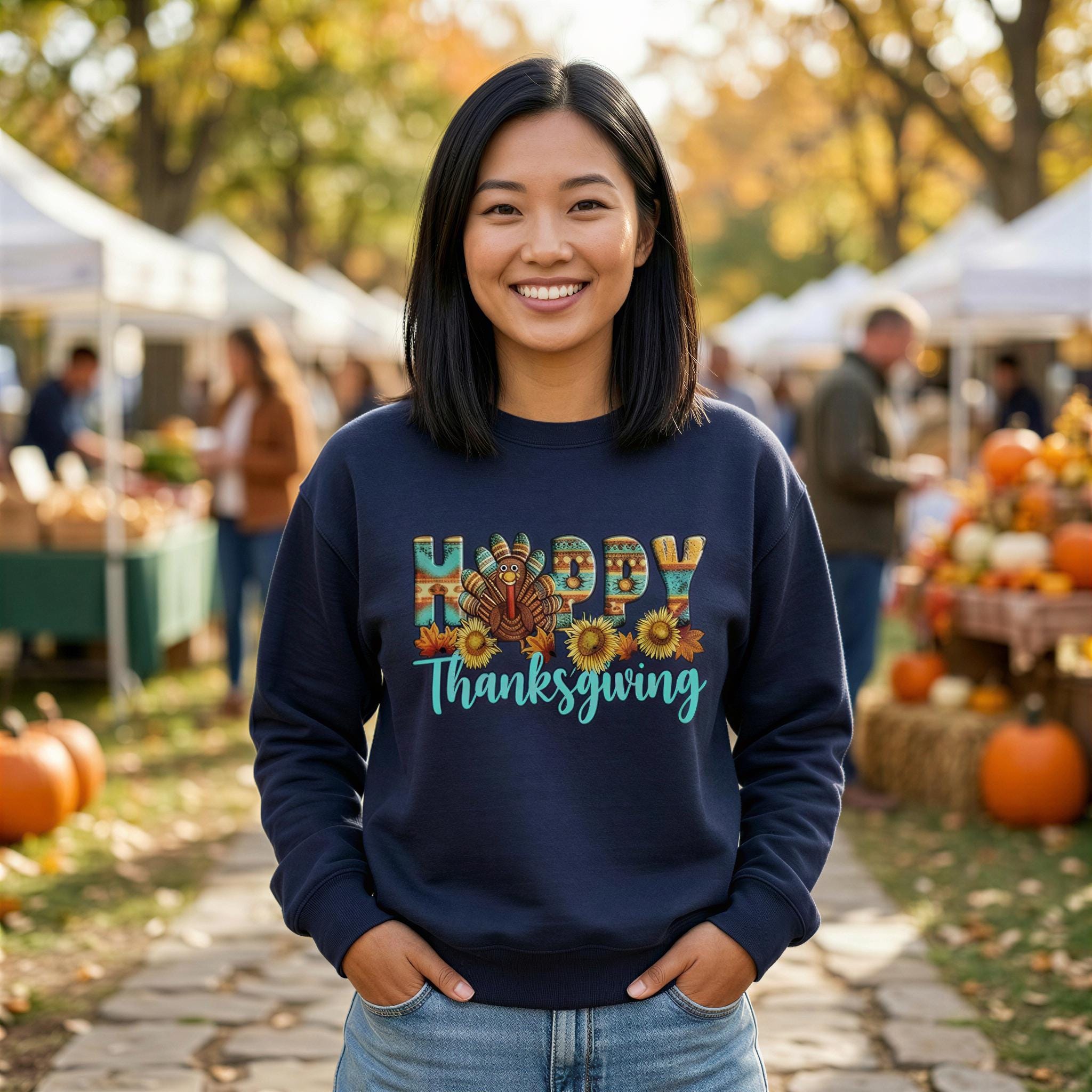 A smiling woman wearing a navy blue sweatshirt with a colorful graphic of a turkey and sunflowers stands in front of a fall market with tents and pumpkins.