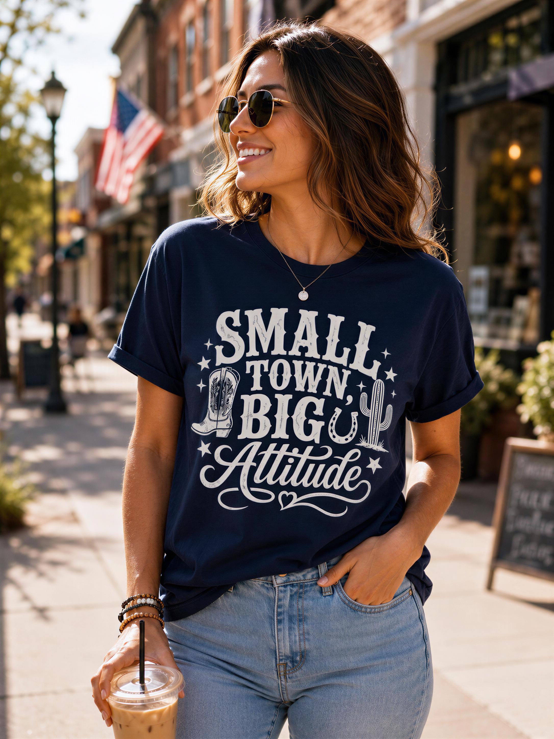 A woman wearing a navy blue t-shirt with the text "Small Town Big Attitude" and sunglasses is standing on a city street, holding a drink.