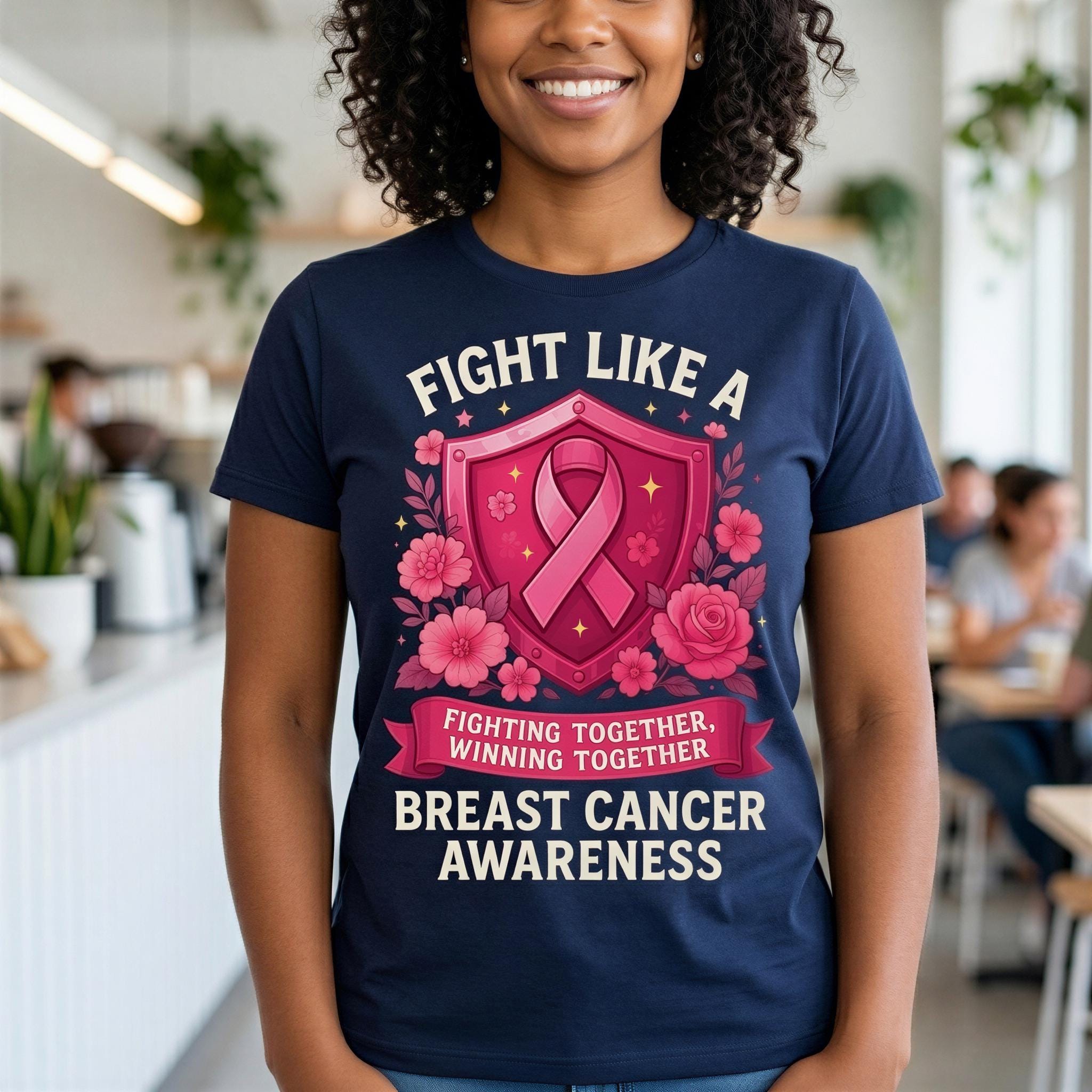 A woman wearing a navy blue t-shirt with a pink ribbon and pink flowers, along with the text "FIGHT LIKE A BREAST CANCER AWARENESS" printed on it.