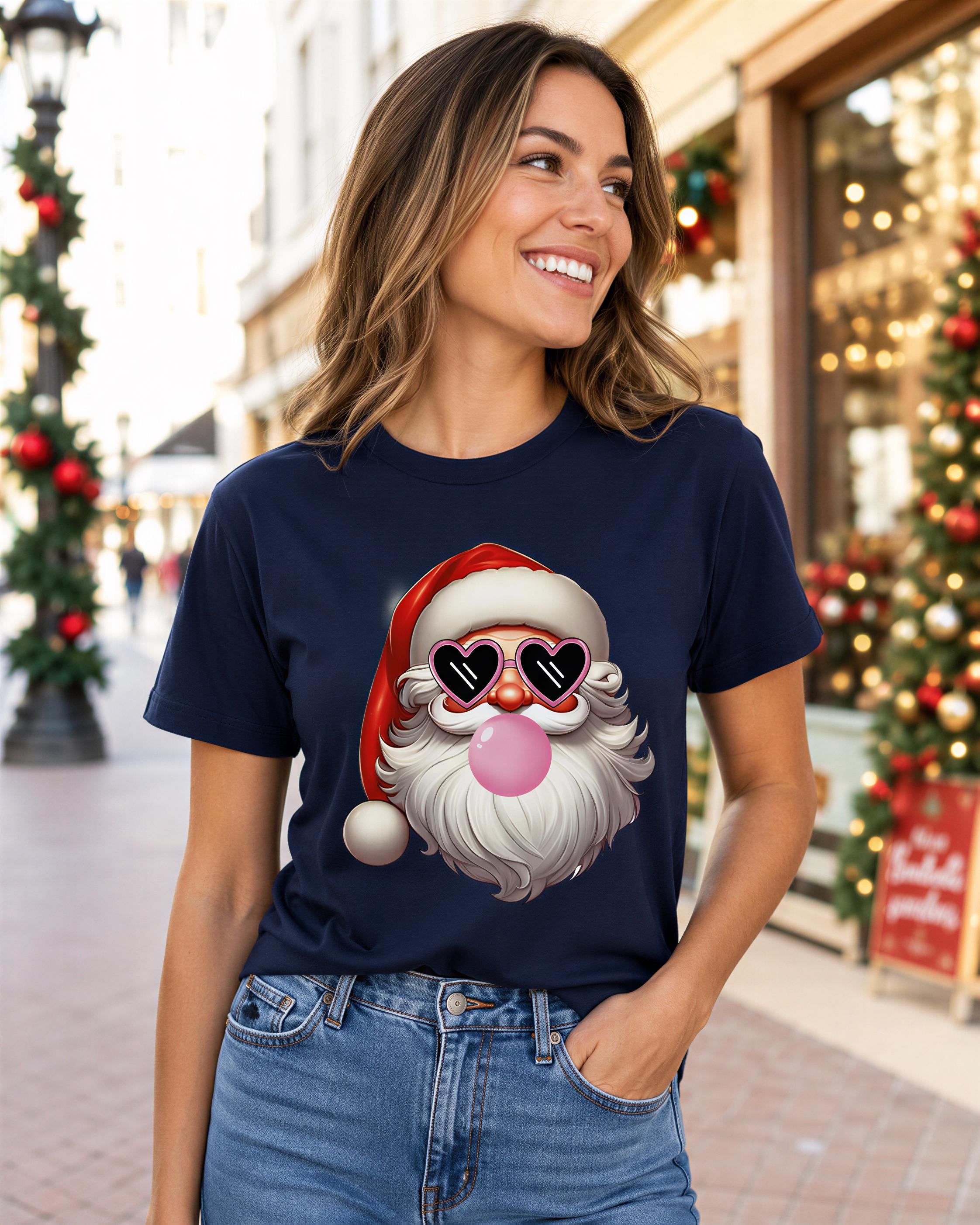 A woman wearing a navy blue t-shirt with a graphic of Santa Claus wearing sunglasses and blowing bubbles, smiling and looking to the side.