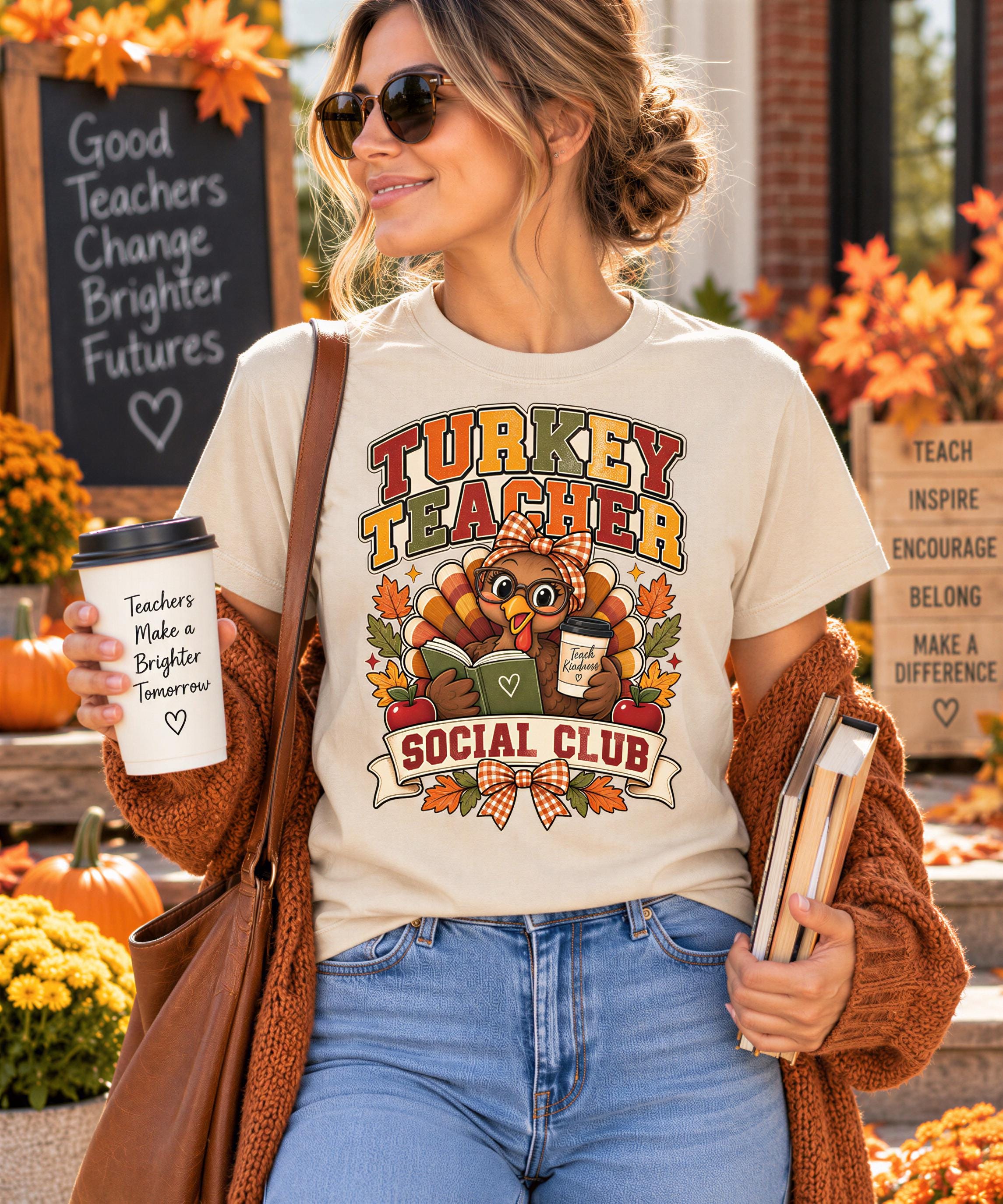 A woman wearing a t-shirt with a turkey holding a book and a coffee cup, standing in front of a chalkboard sign with fall decorations.