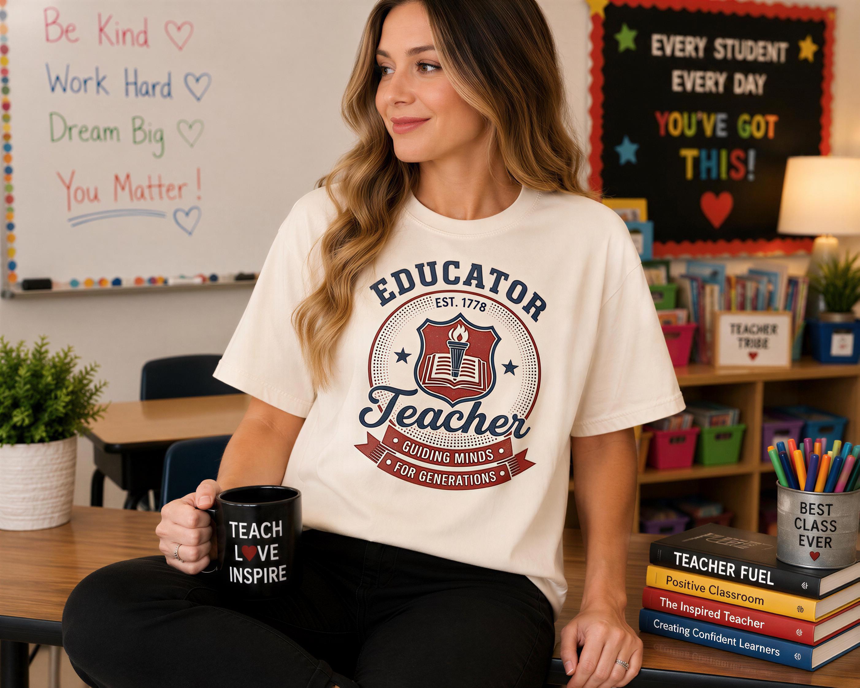 A woman wearing a white t-shirt with a graphic design and holding a coffee mug is sitting in a classroom setting with a bulletin board, books, and other educational materials in the background.