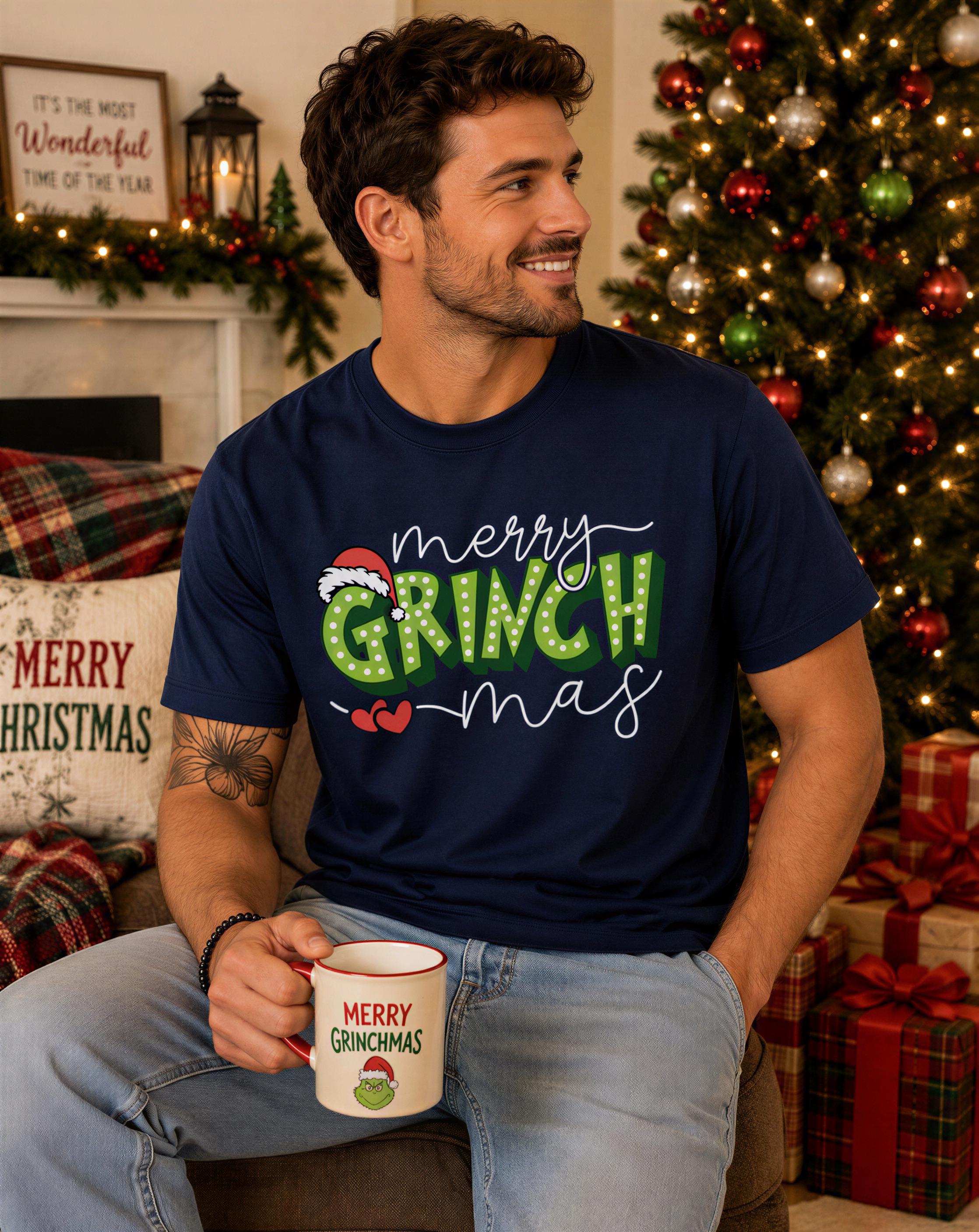 A man wearing a navy blue t-shirt with the text "merry GRINCH mas" is sitting in front of a Christmas tree, holding a mug with the text "MERRY GRINCHMAS" printed on it.
