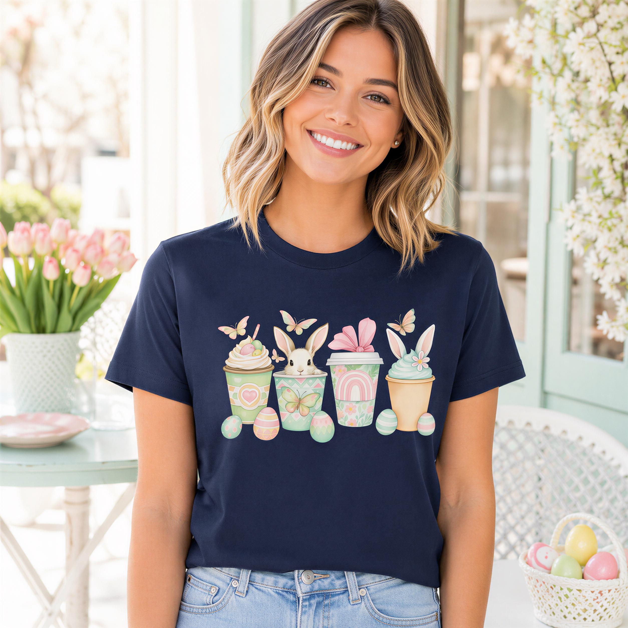 A woman wearing a navy blue t-shirt with a graphic design of cupcakes and bunnies, smiling at the camera.