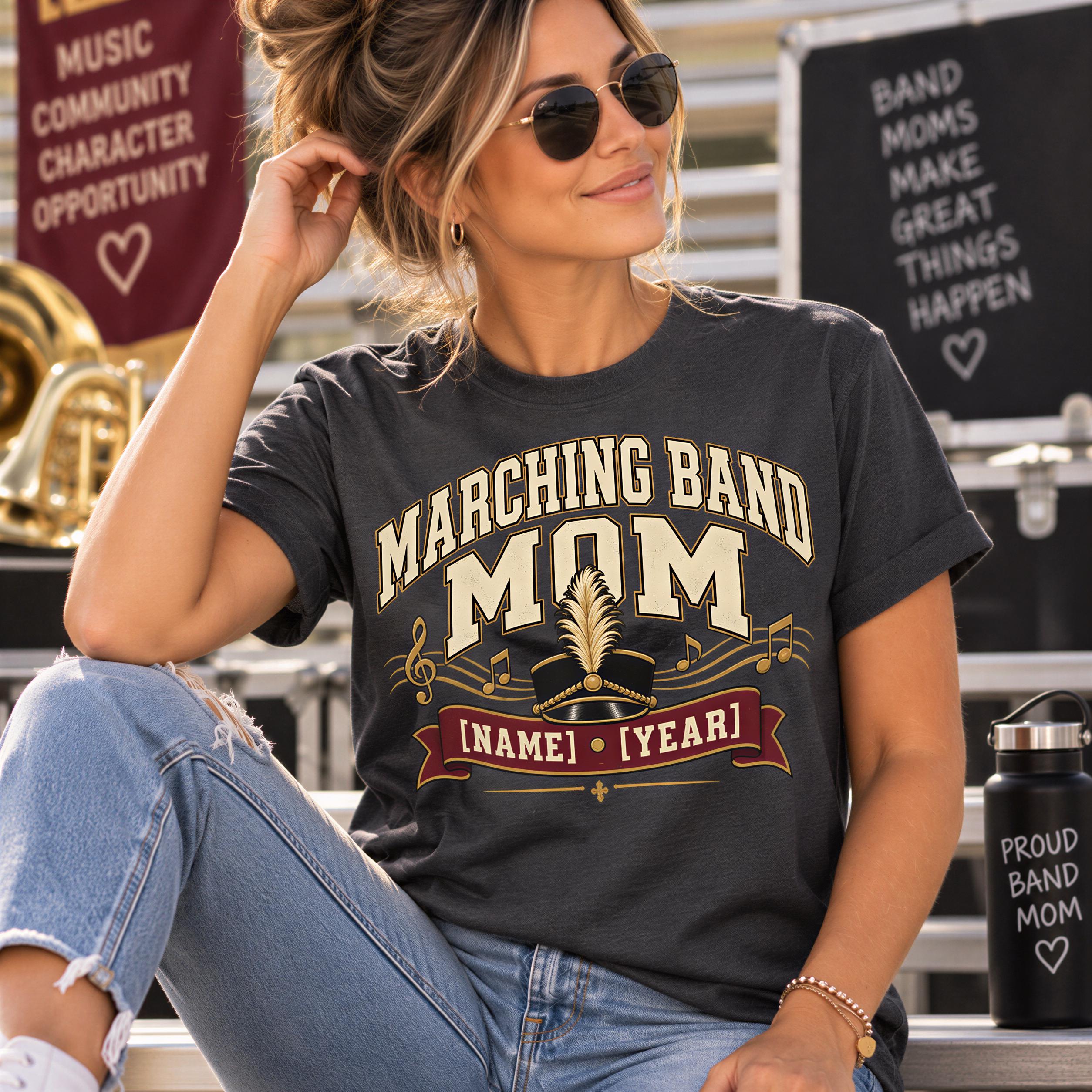 A woman wearing sunglasses and a t-shirt with a graphic design, sitting on a bench and smiling.