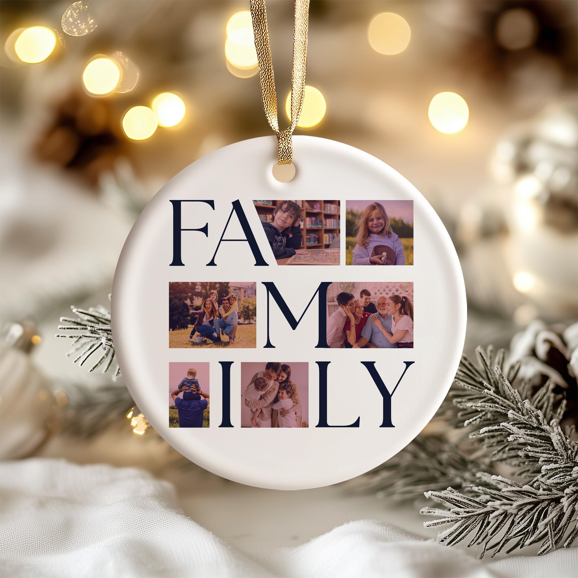 a family photo ornament hanging from a christmas tree