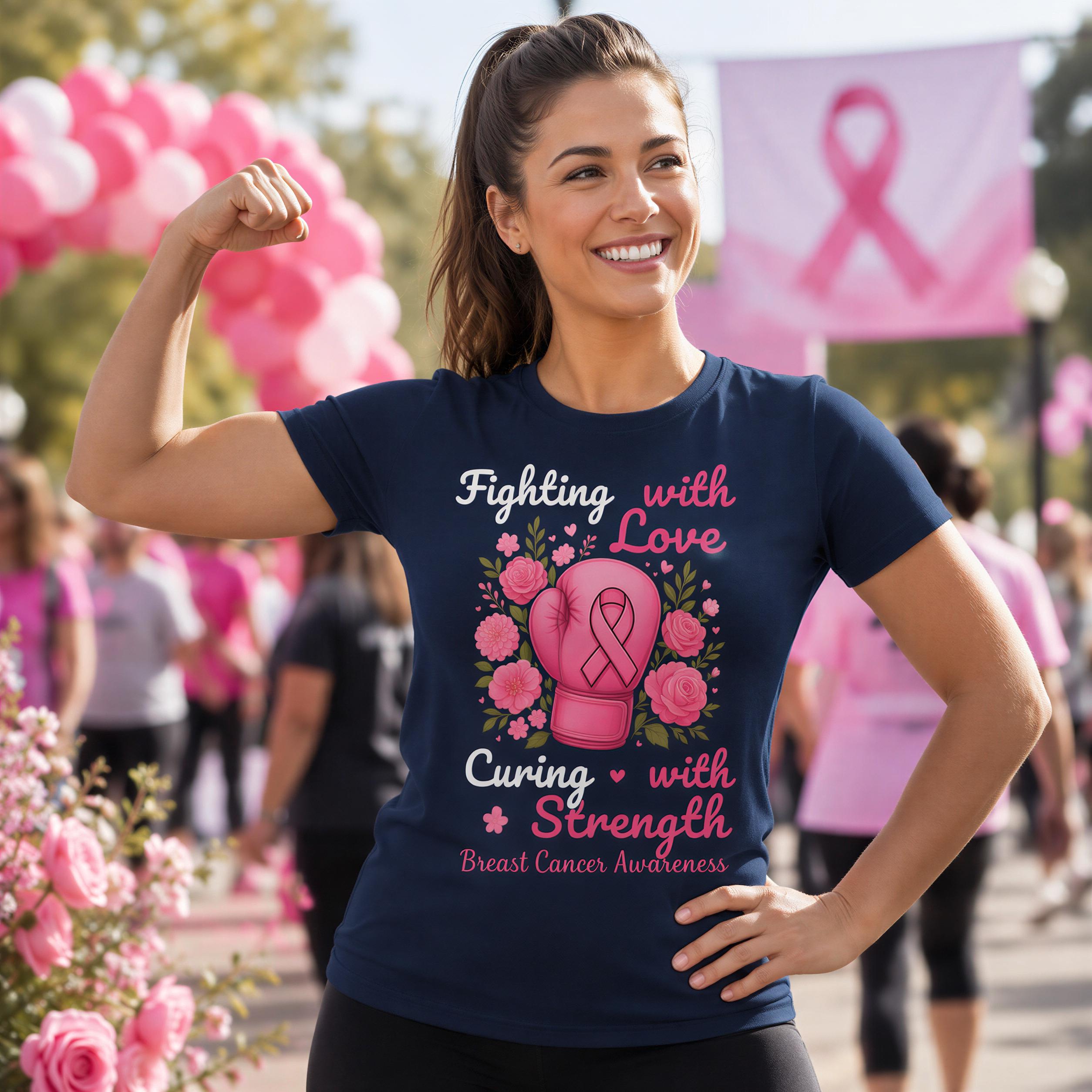 A woman wearing a navy blue t-shirt with pink flowers and a pink ribbon, smiling and flexing her arm, with a pink ribbon banner in the background.