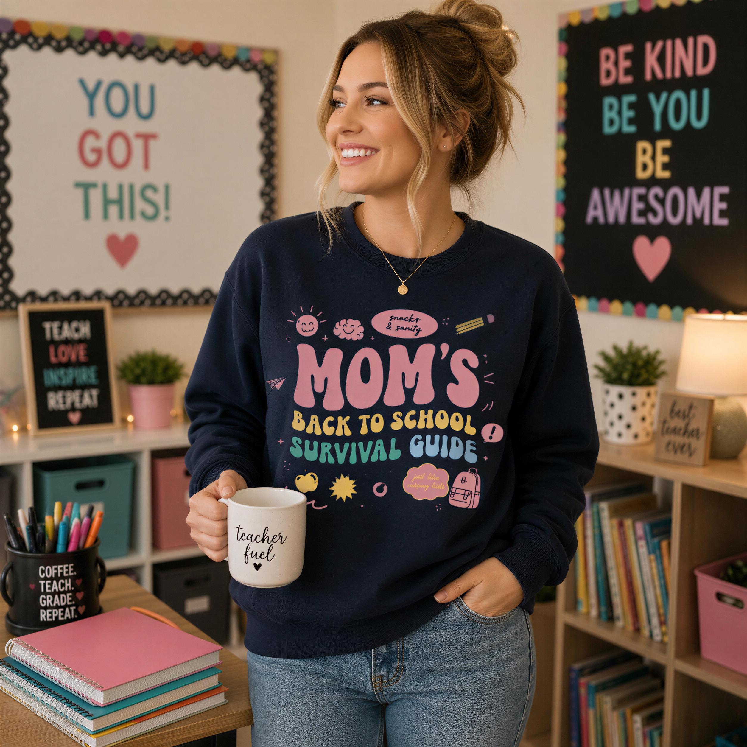 A woman wearing a sweatshirt with a humorous message about being a teacher, holding a coffee mug, and standing in a classroom setting with a teacher's desk, bookshelves, and a bulletin board.
