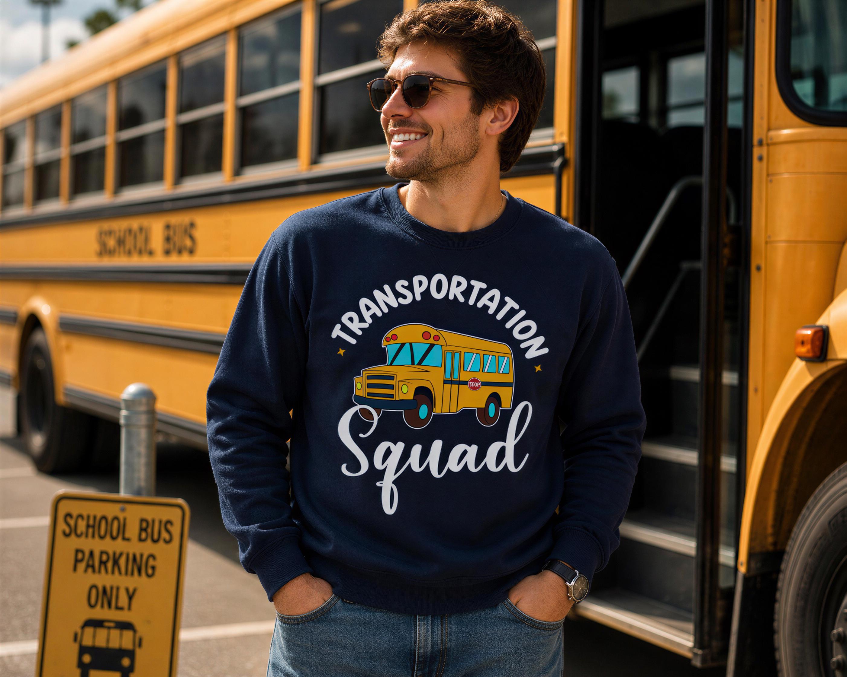 A man wearing a blue sweatshirt with a yellow school bus graphic stands next to a yellow school bus, smiling.