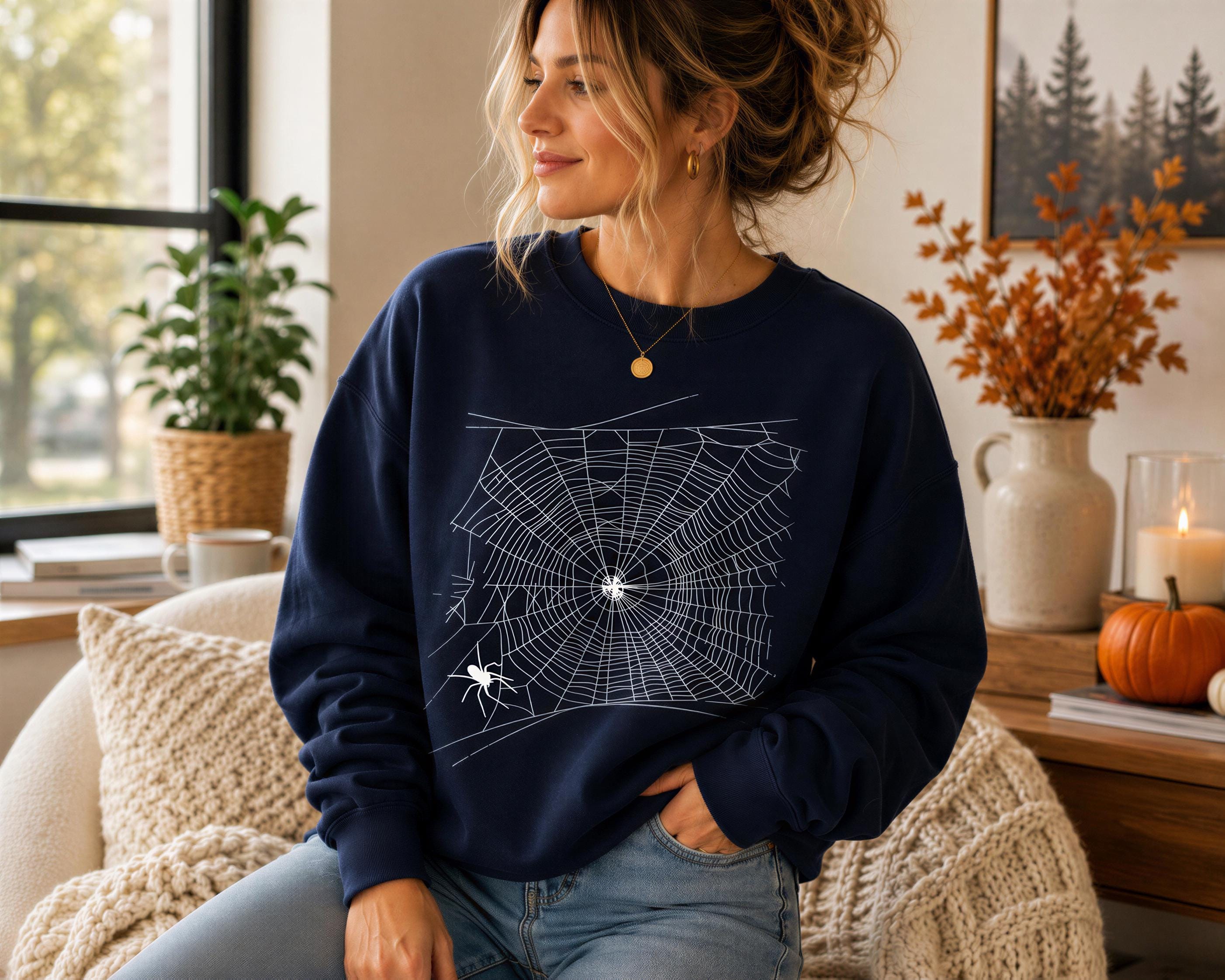 A woman wearing a navy blue sweatshirt with a spider web design sits on a couch in a cozy living room, with a pumpkin and autumn decorations visible in the background.