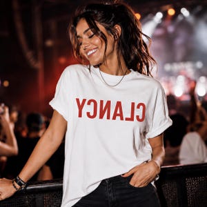 Clancy T-Shirt, Reversed Red Text, White Color Crewneck, Minimal Streetwear