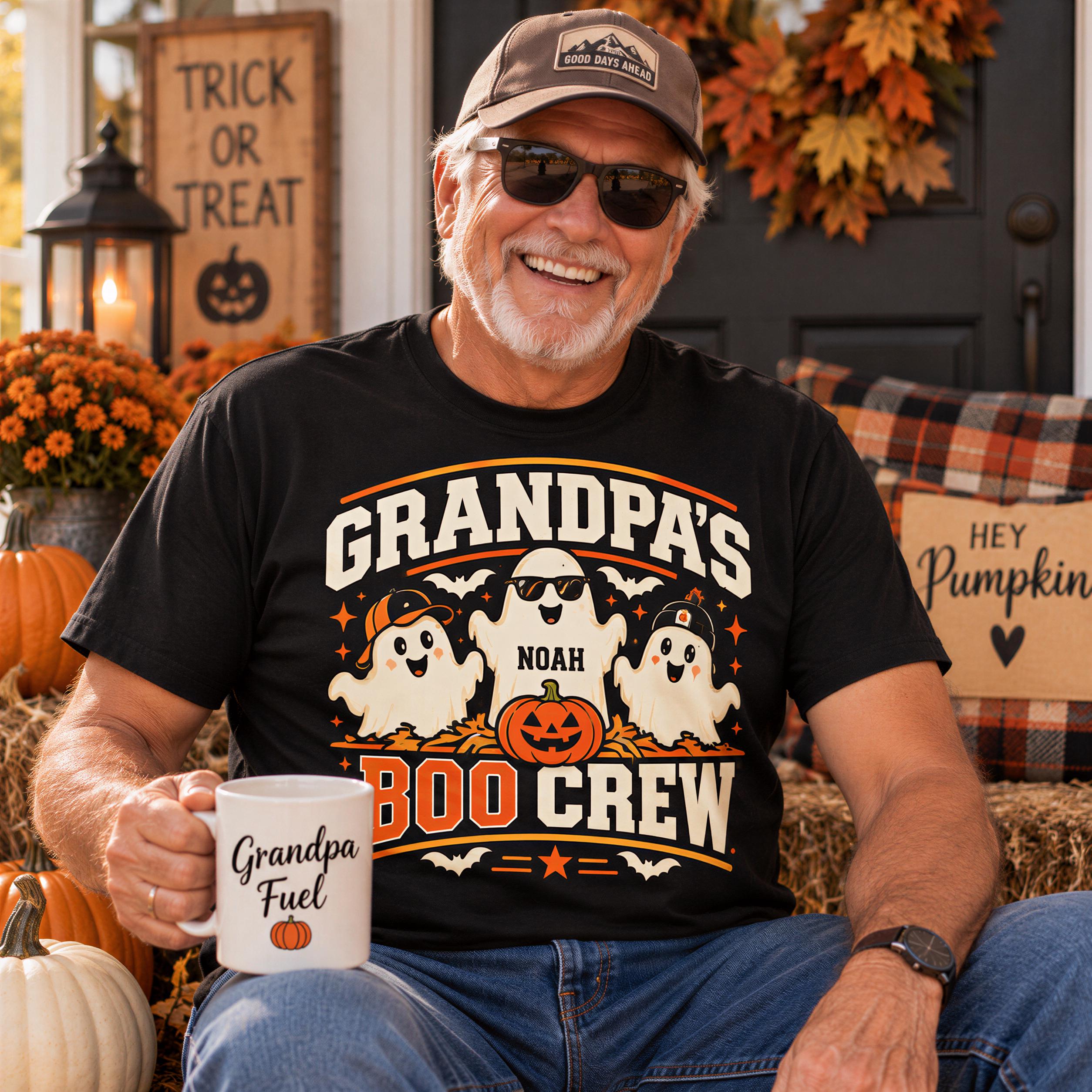 A smiling older man wearing a black t-shirt with a Halloween-themed design and holding a mug with the text "Grandpa's Boo Crew" is sitting on a porch decorated for Halloween.