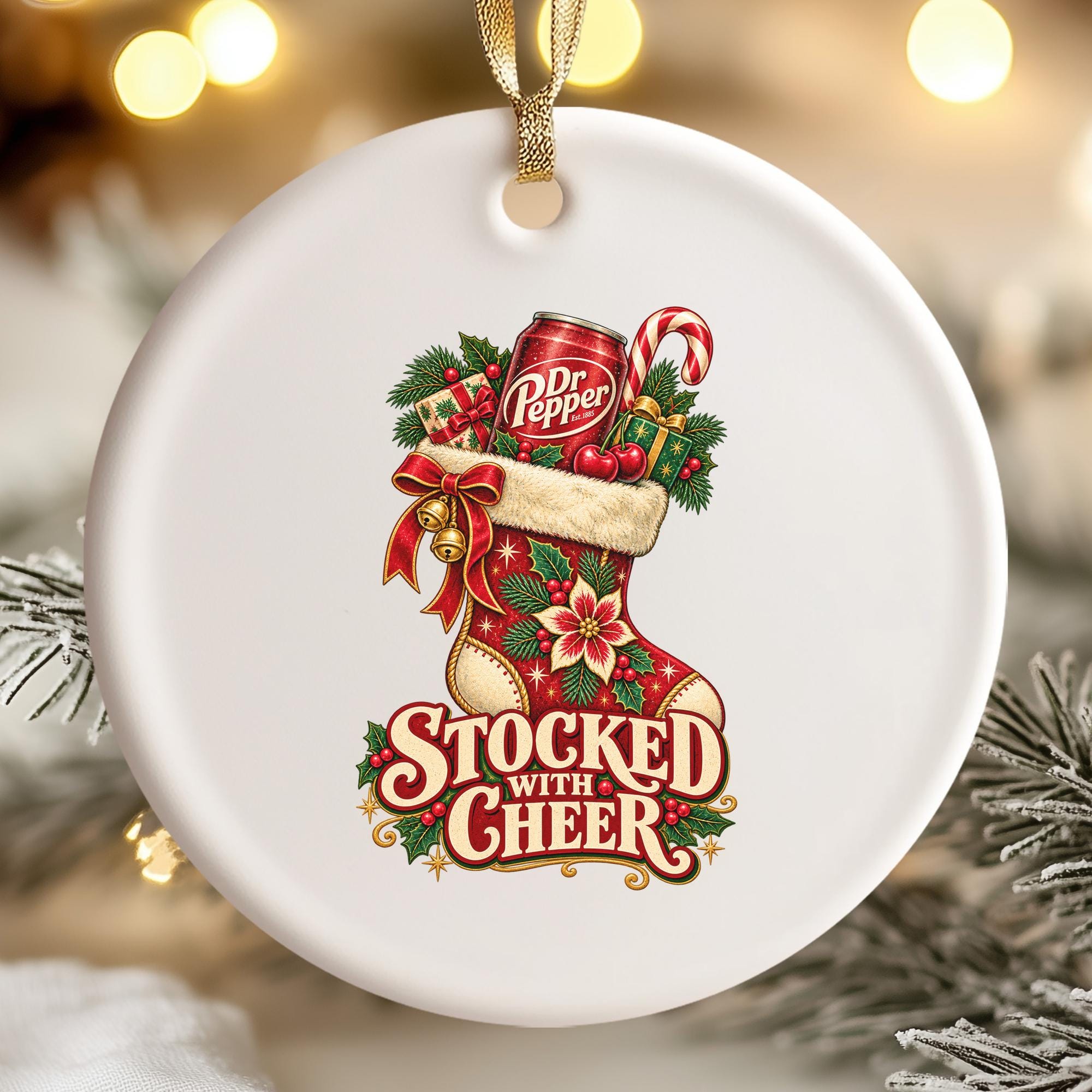 A white ornament with a festive design featuring a stocking filled with various holiday items, including a can of Dr Pepper, a candy cane, and a gift.