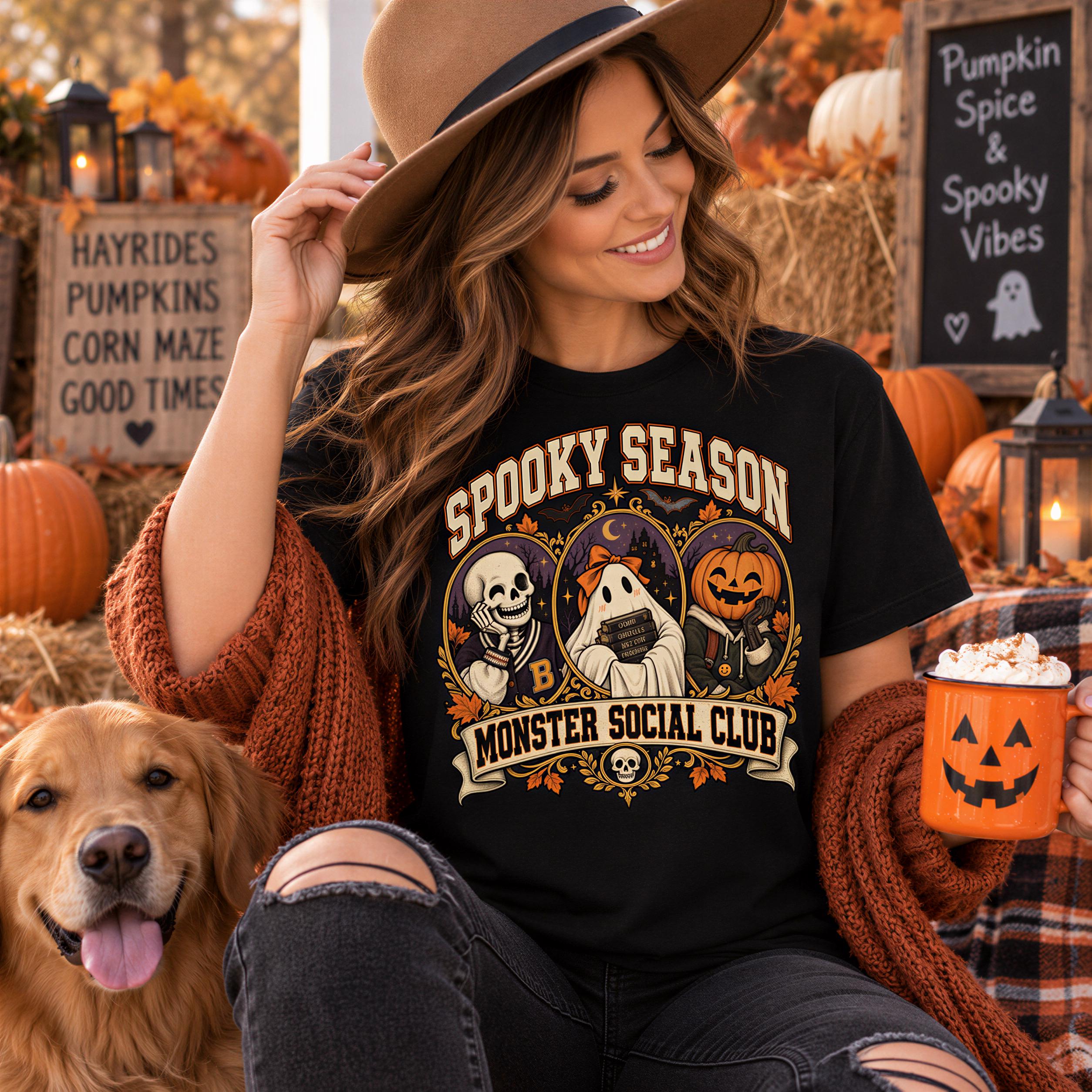A woman wearing a black t-shirt with a Halloween-themed graphic and holding a pumpkin-flavored drink, with a dog and autumn decorations in the background.