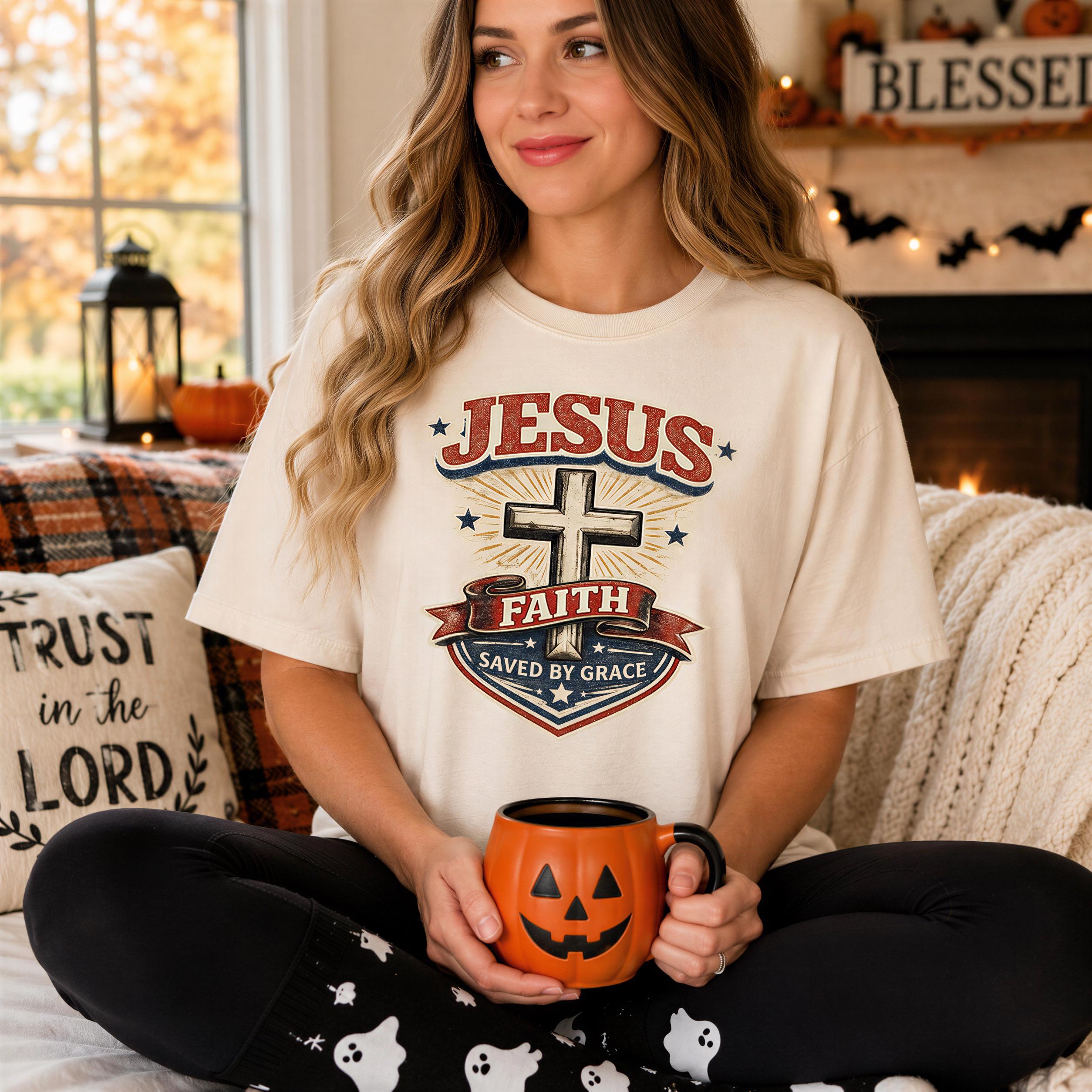 A woman wearing a white t-shirt with a graphic of a cross and the text "JESUS FAITH SAVED BY GRACE" is sitting on a couch, holding a pumpkin-shaped mug.