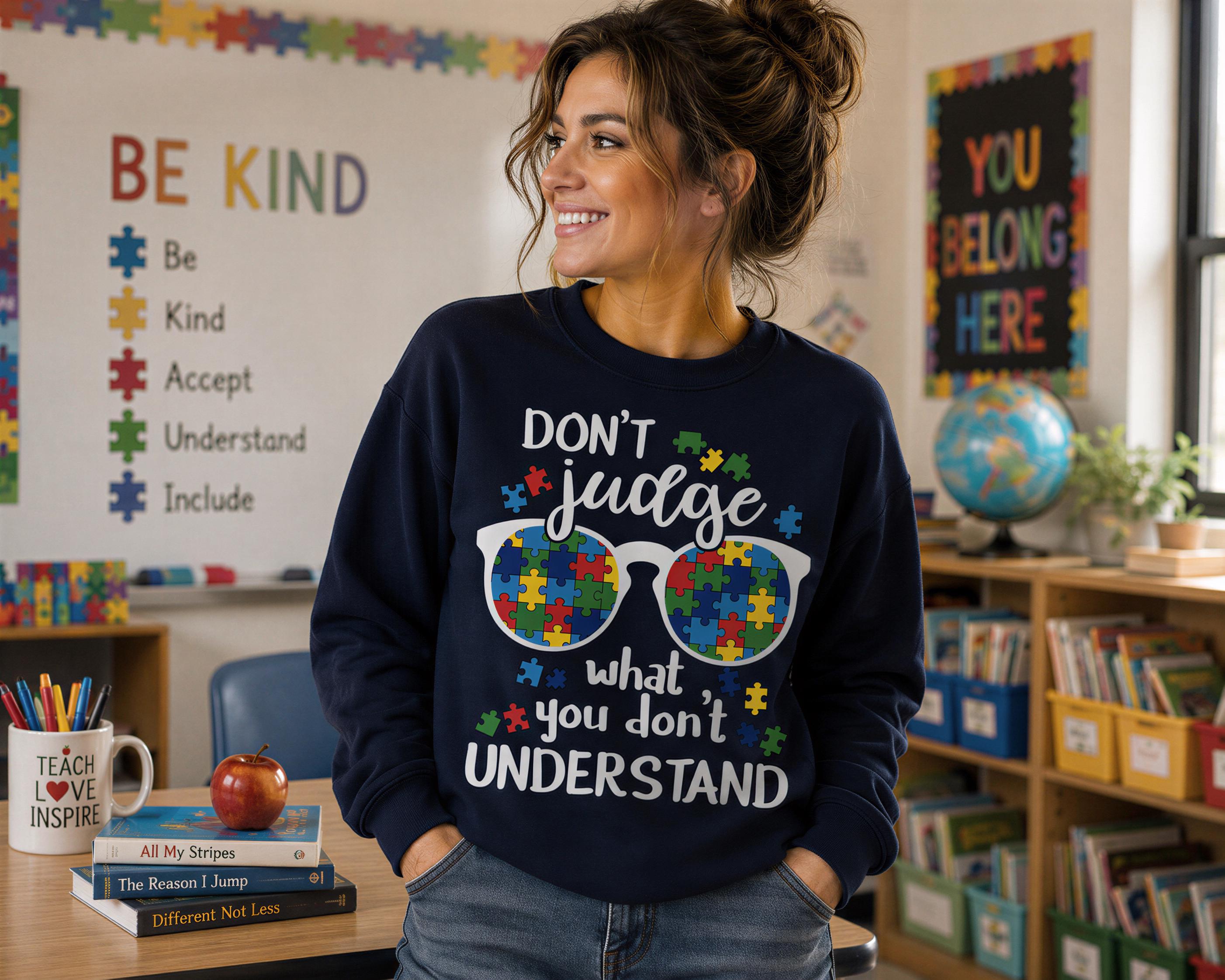 A woman wearing a black sweatshirt with a message about being kind and understanding, standing in a classroom with a bookshelf and a globe in the background.