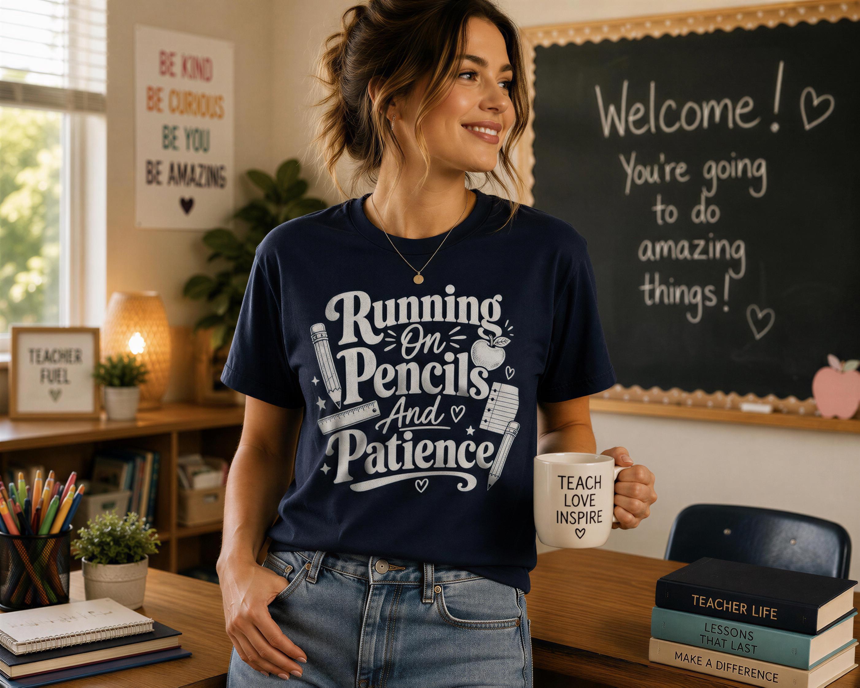 A woman wearing a blue t-shirt with a humorous message stands in a classroom setting, holding a coffee mug with a similar message.