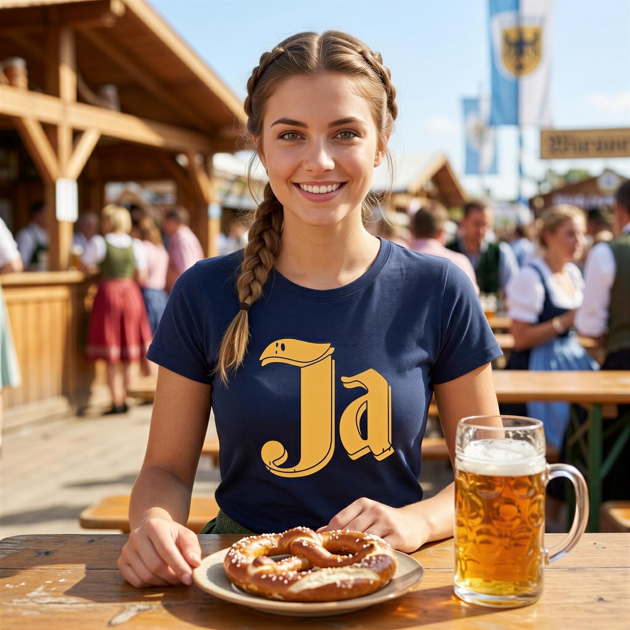 A smiling woman in a blue t-shirt with a yellow logo is sitting at a table with a plate of food and a glass of beer in front of her.