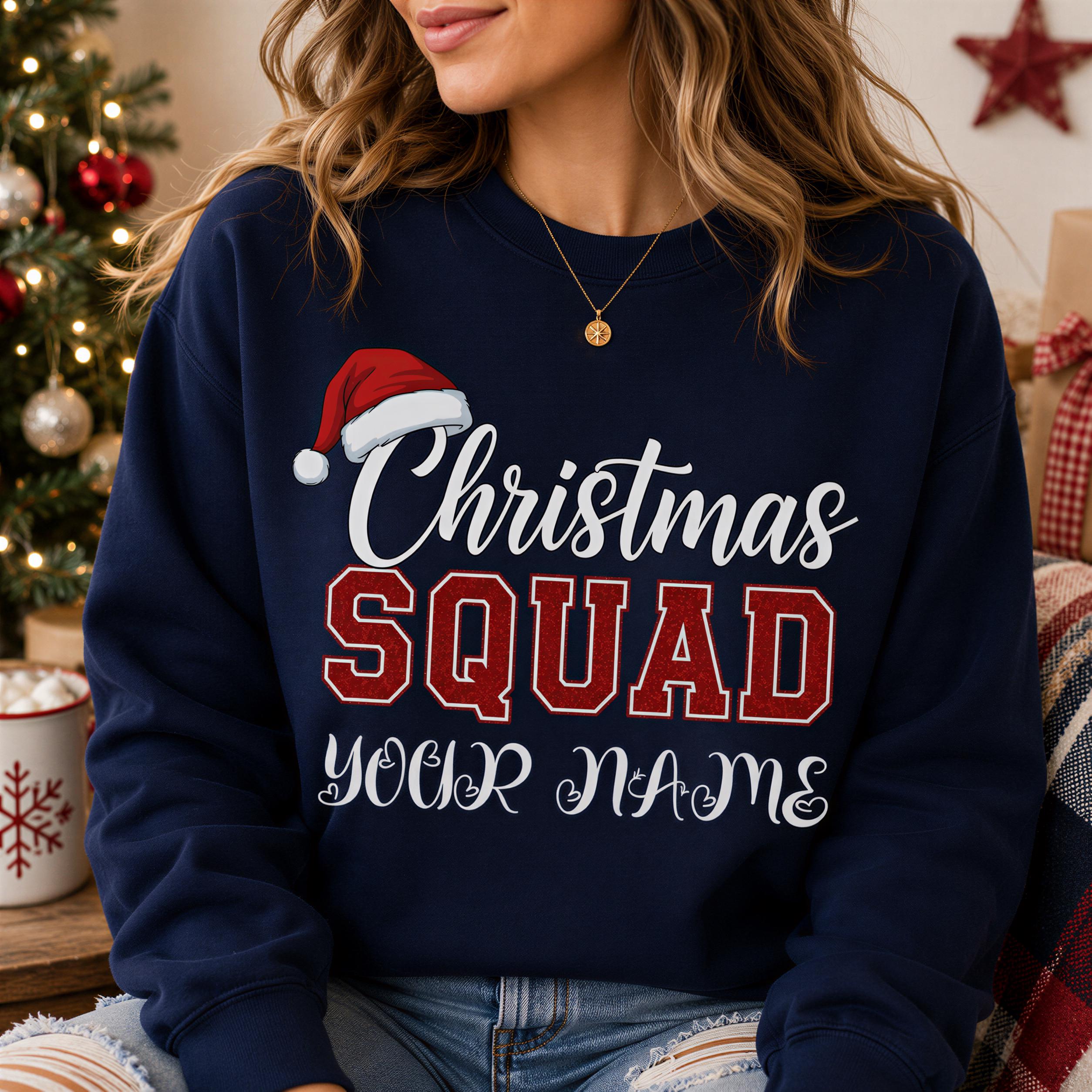 A woman wearing a navy blue sweatshirt with the text "Christmas SQUAD YOUR NAME" printed on it, sitting in front of a Christmas tree.