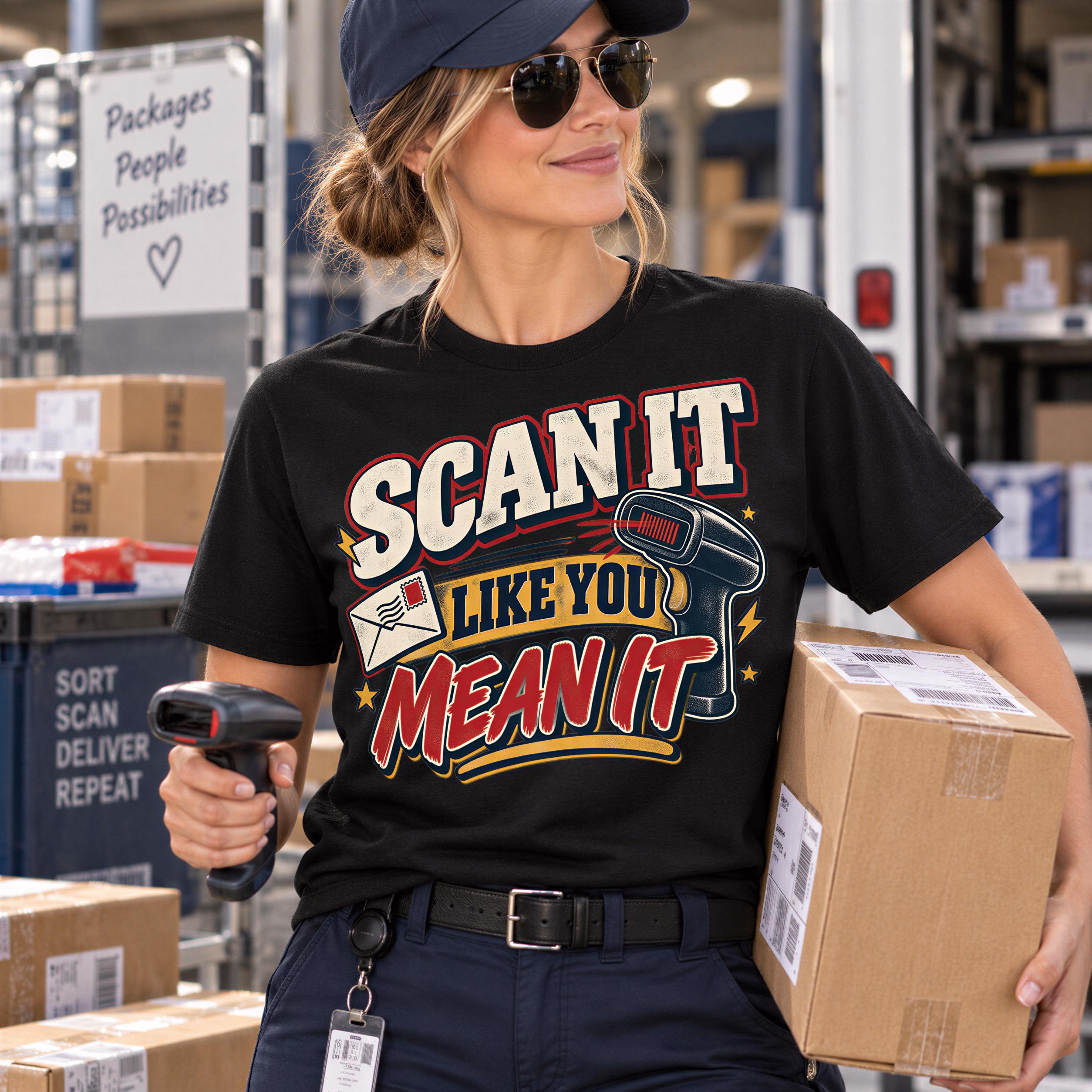 A woman wearing a black t-shirt with a humorous text and holding a cardboard box in a warehouse setting.