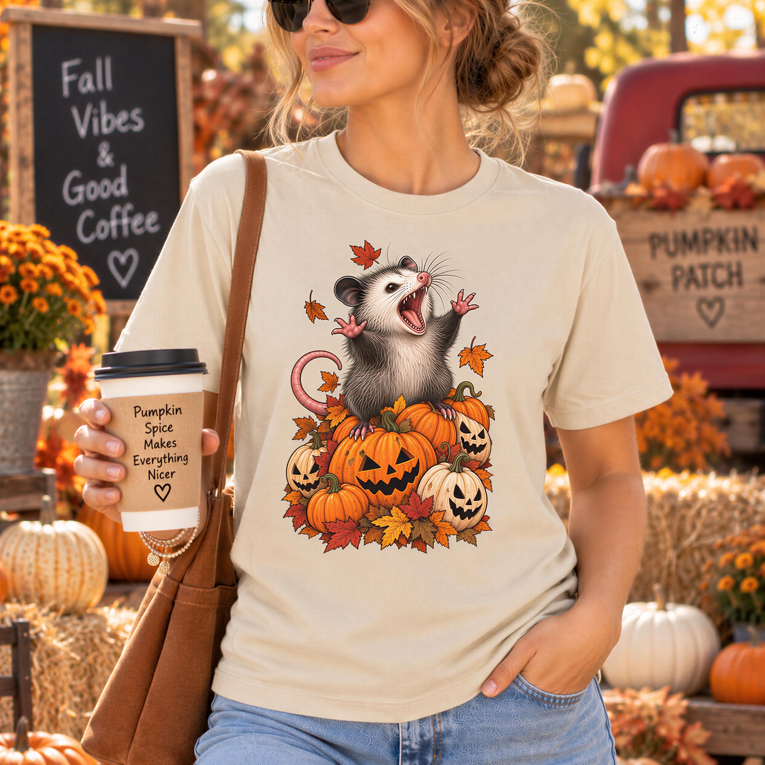 A woman wearing a t-shirt with a graphic of a porcupine sitting on a pile of pumpkins, holding a coffee cup with a pumpkin and autumn leaves design.