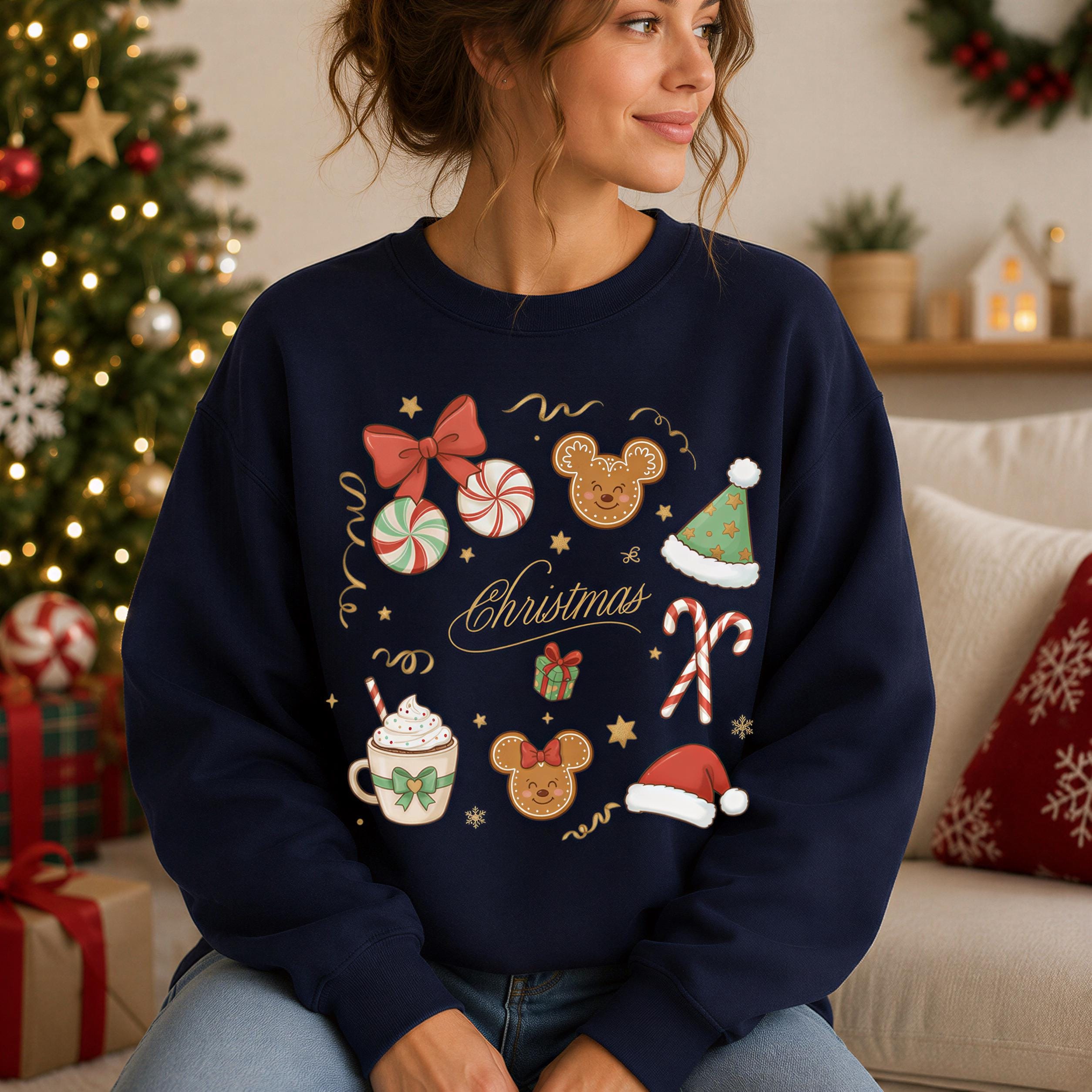 A woman wearing a navy blue sweater with various Christmas-themed designs, including a bow, candy canes, a Santa hat, and a cup with a snowflake pattern.