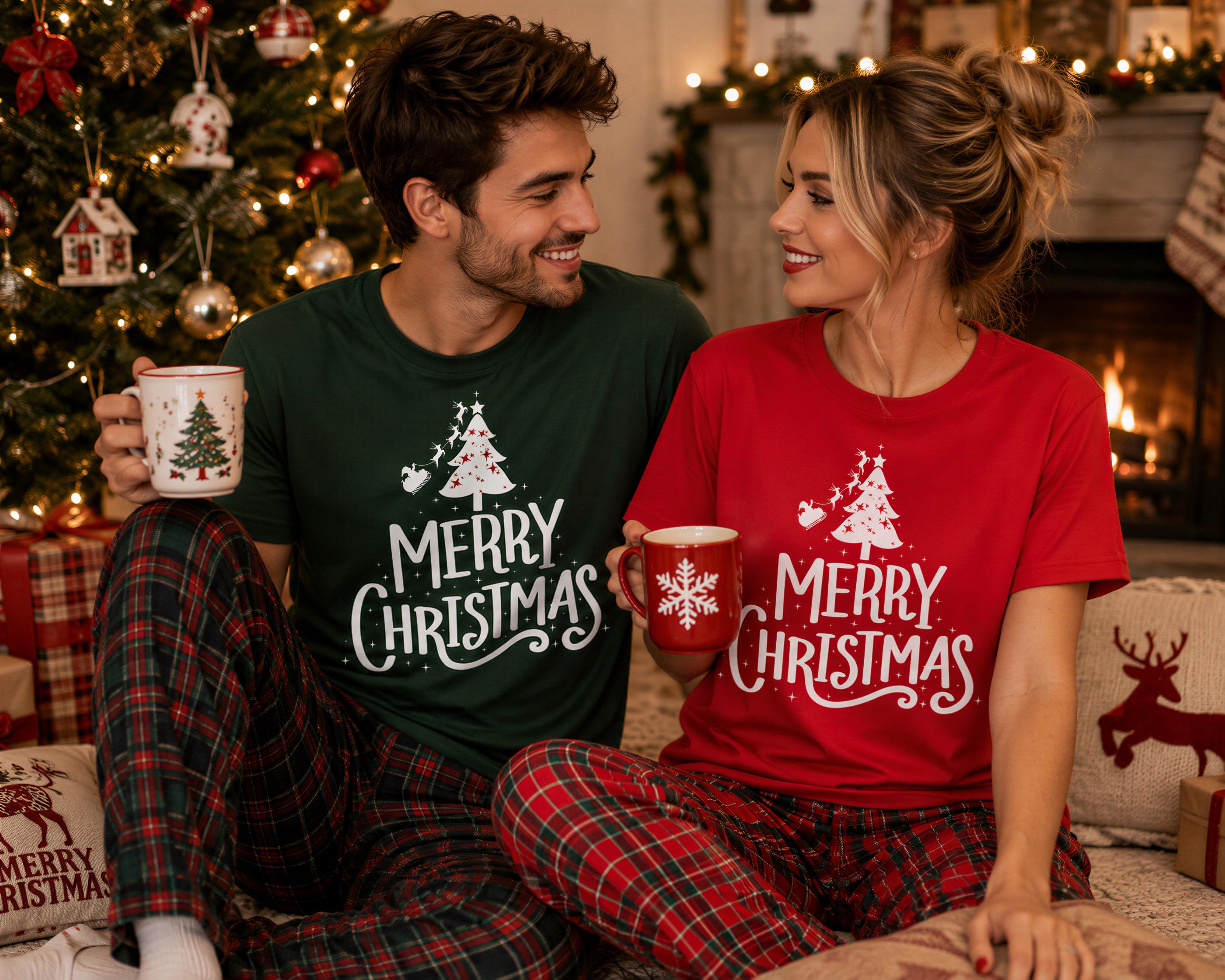 A man and a woman are sitting together in front of a Christmas tree, both wearing matching "Merry Christmas" t-shirts.