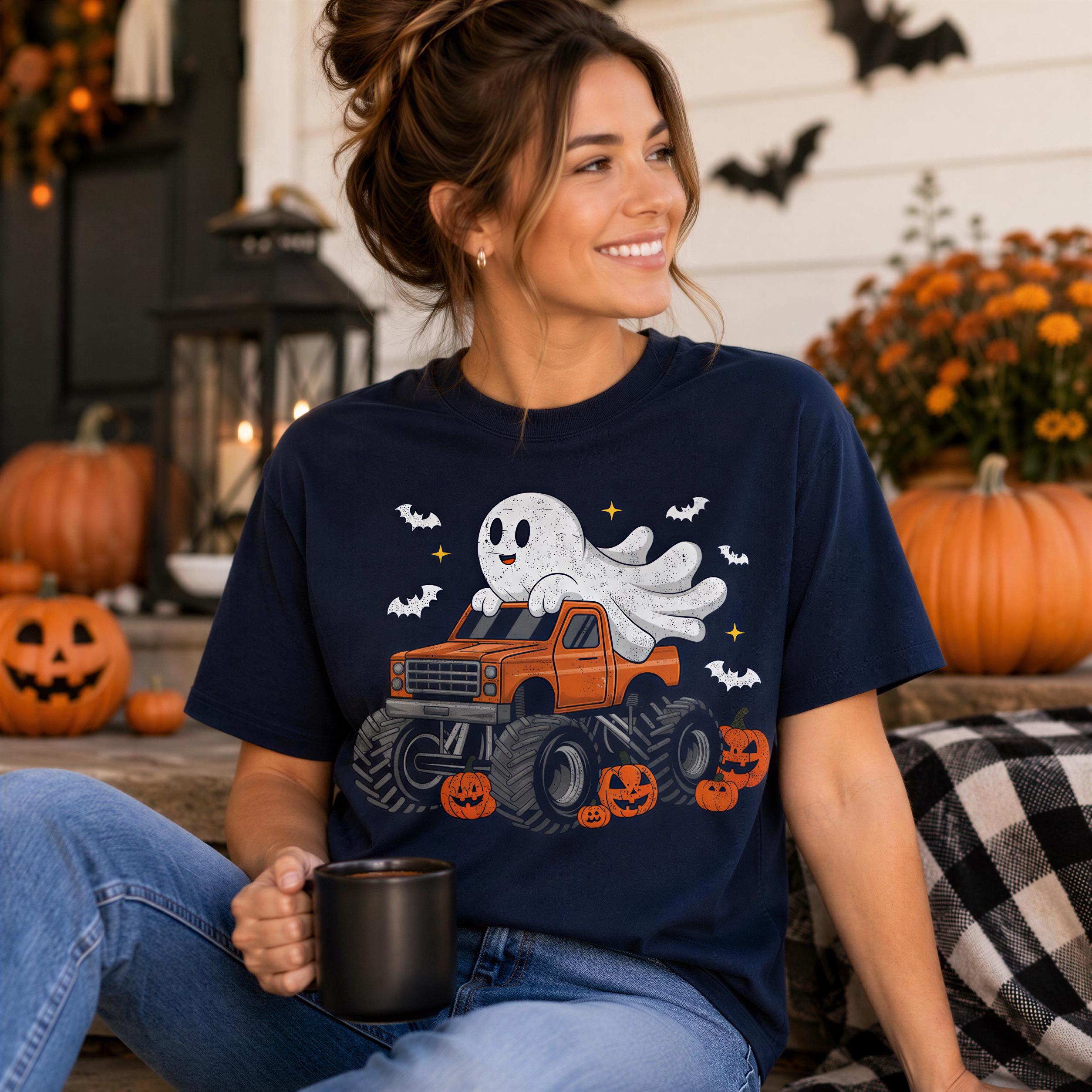 A woman wearing a blue t-shirt with a graphic of a ghost riding an orange truck, holding a black mug and smiling.