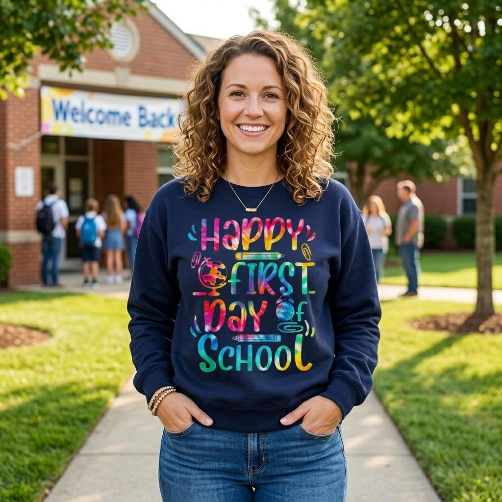 A smiling woman wearing a blue sweatshirt with a colorful text design stands in front of a school building.