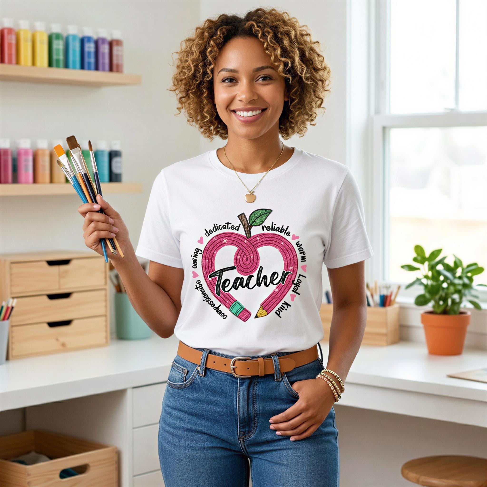 A smiling woman wearing a white t-shirt with a heart-shaped design and holding a paintbrush stands in a room with shelves of art supplies in the background.