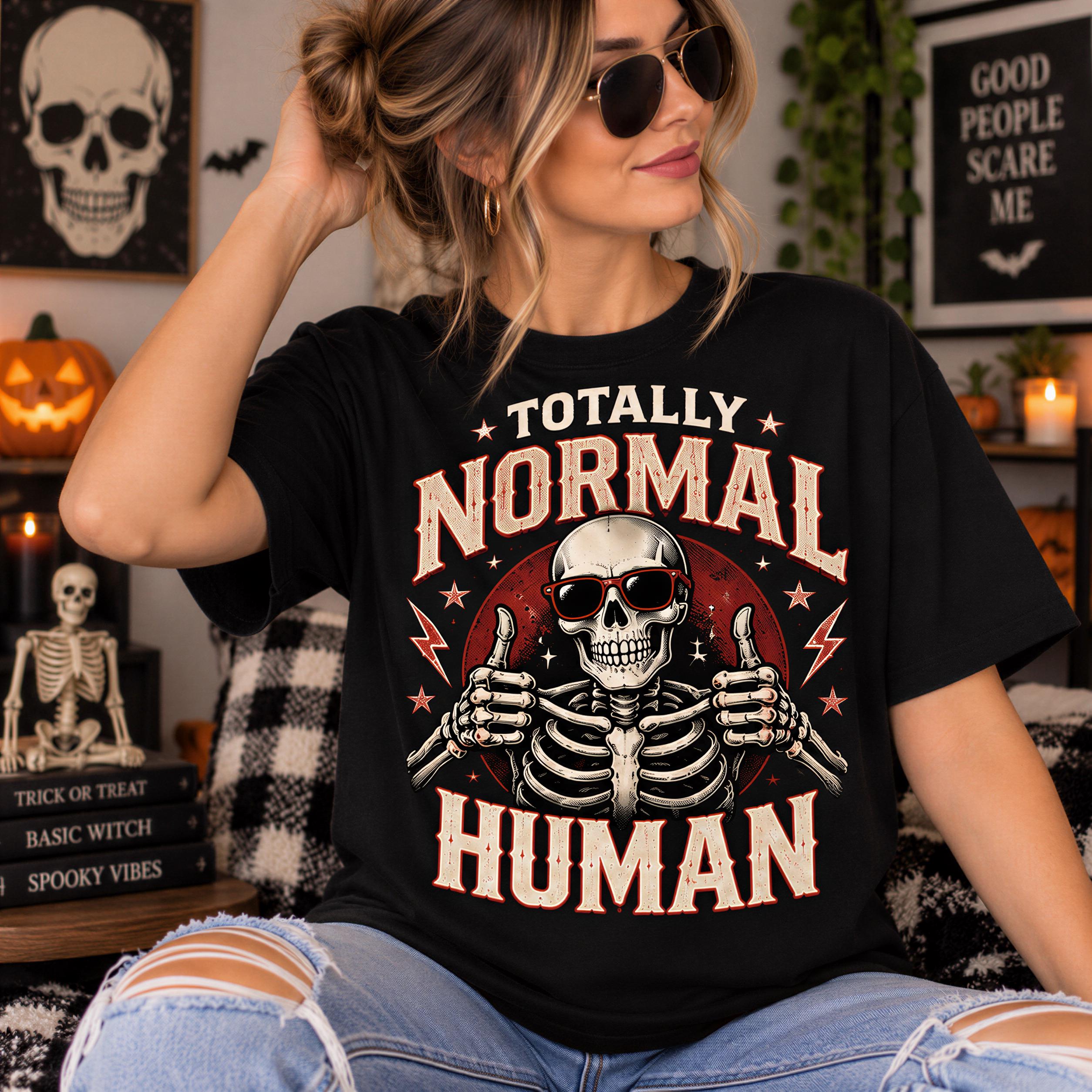 A woman wearing a black t-shirt with a graphic design of a skeleton giving a thumbs up, sitting in a room decorated for Halloween.