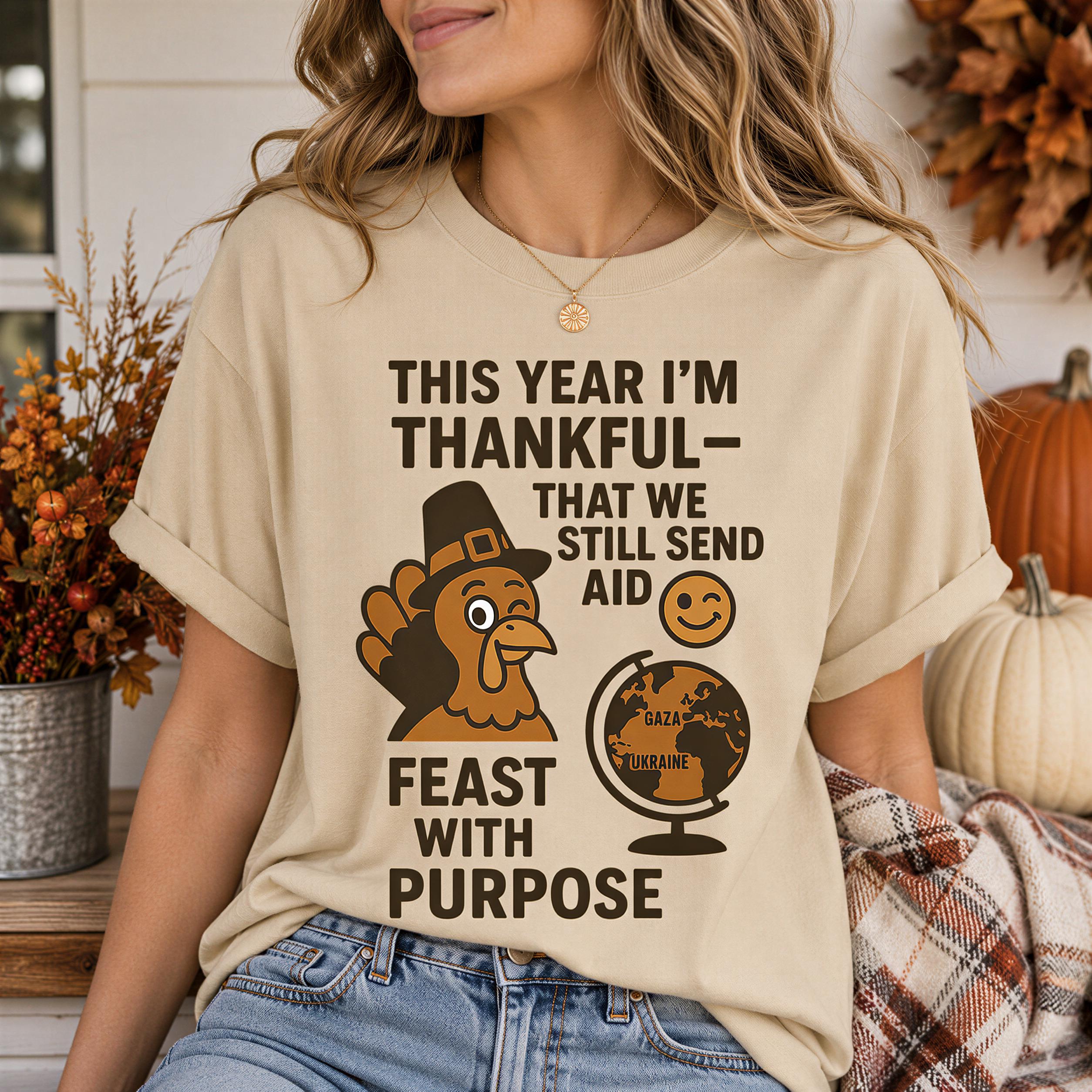 a woman wearing a t-shirt with a humorous Thanksgiving-themed design.