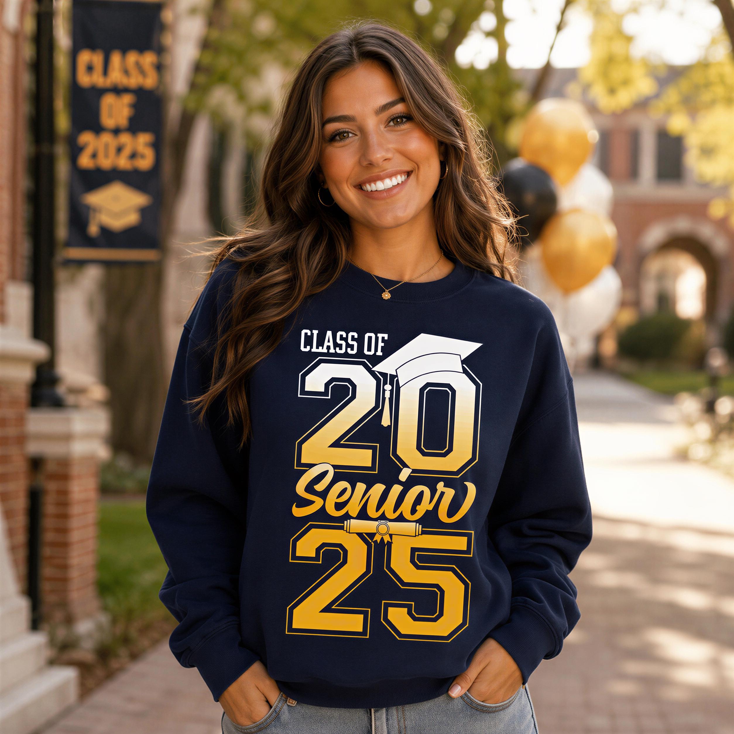 A smiling young woman wearing a navy blue sweatshirt with a graduation cap and number printed on it, standing in front of a brick building with a banner that reads "CLASS OF 2025".