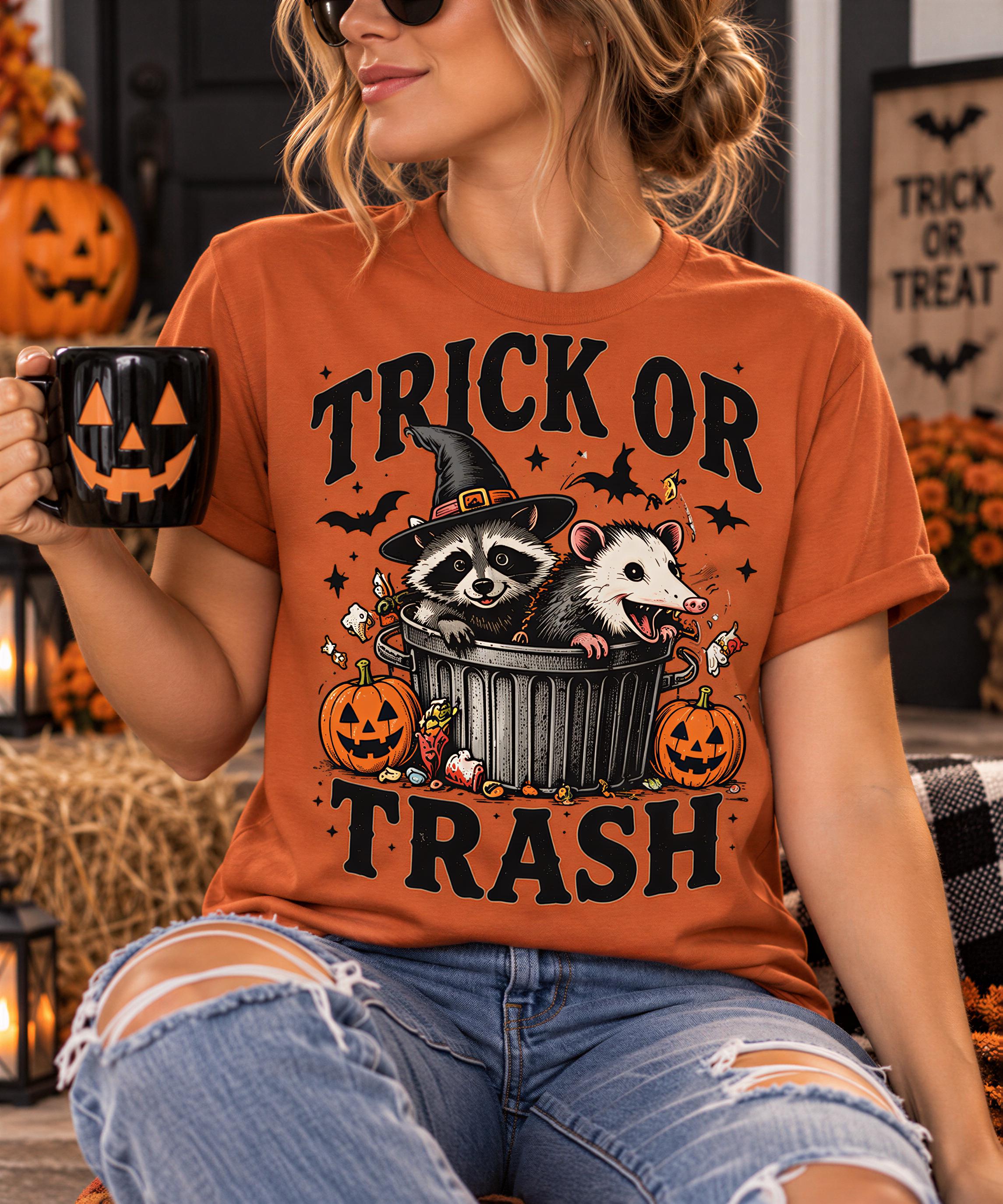 A woman wearing a Halloween-themed orange t-shirt with a graphic of two raccoons in a trash can, holding a Halloween-themed mug, and surrounded by Halloween decorations.