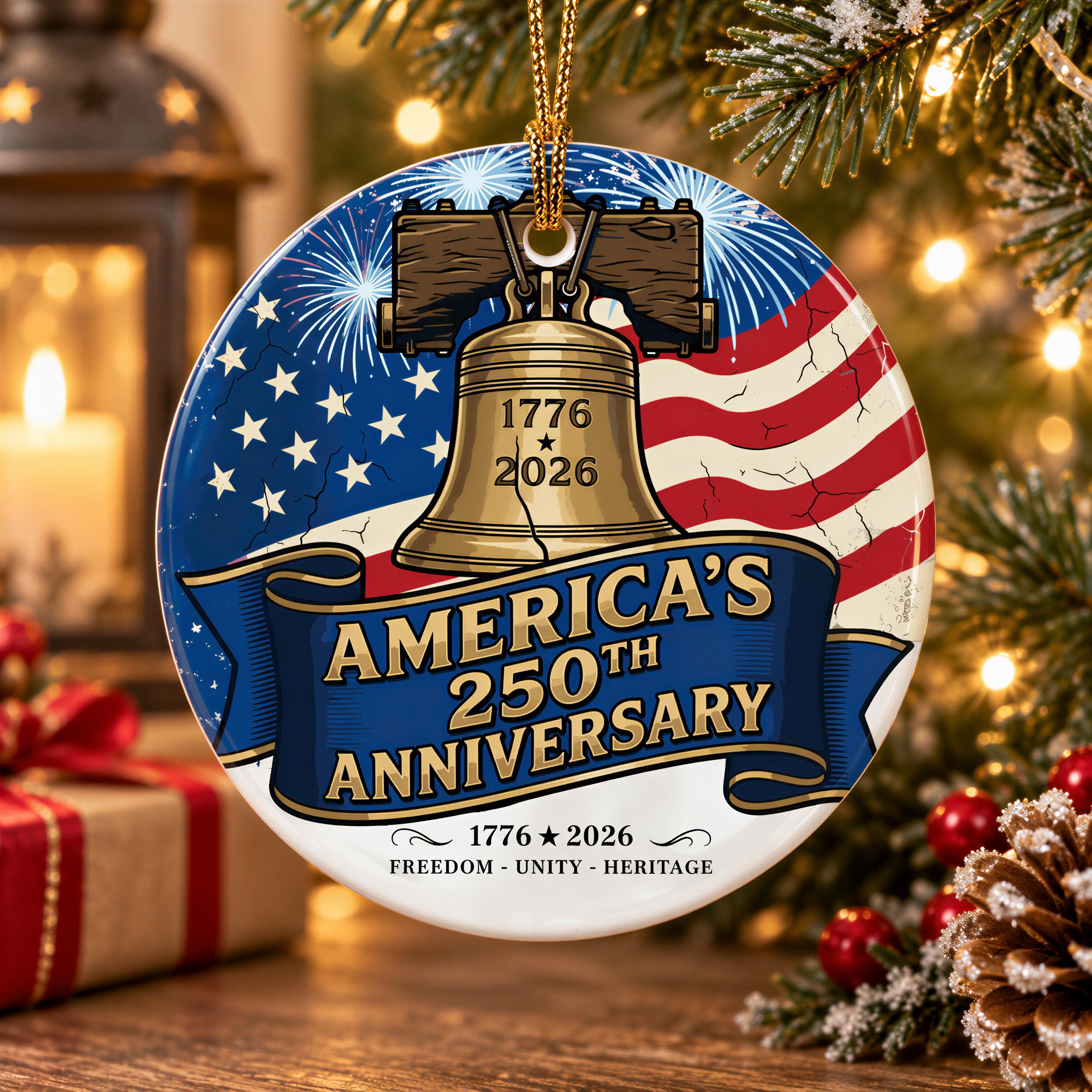 A Christmas ornament with an American flag design and a bell, celebrating the 50th anniversary of the United States.