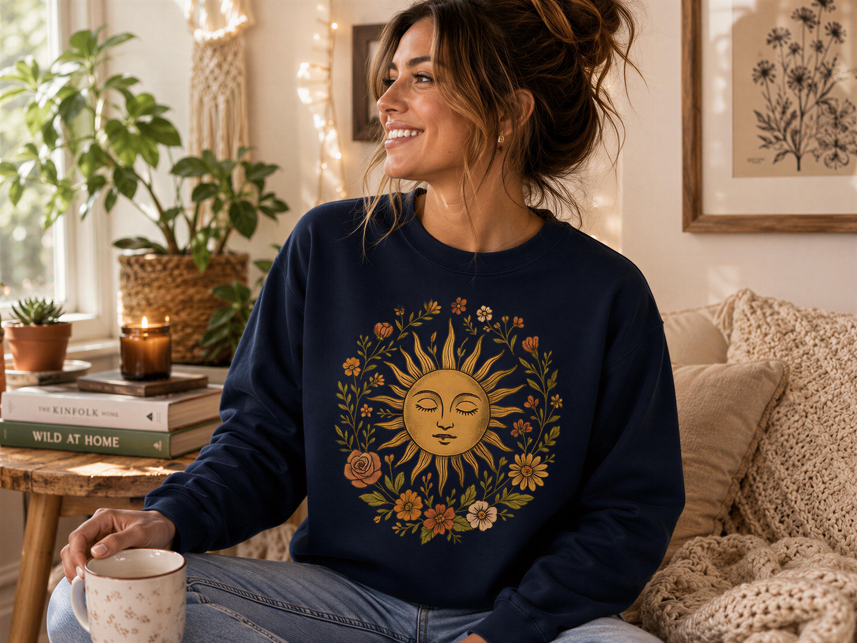 A woman wearing a navy blue sweatshirt with a sun design is sitting on a couch, smiling and holding a coffee mug.