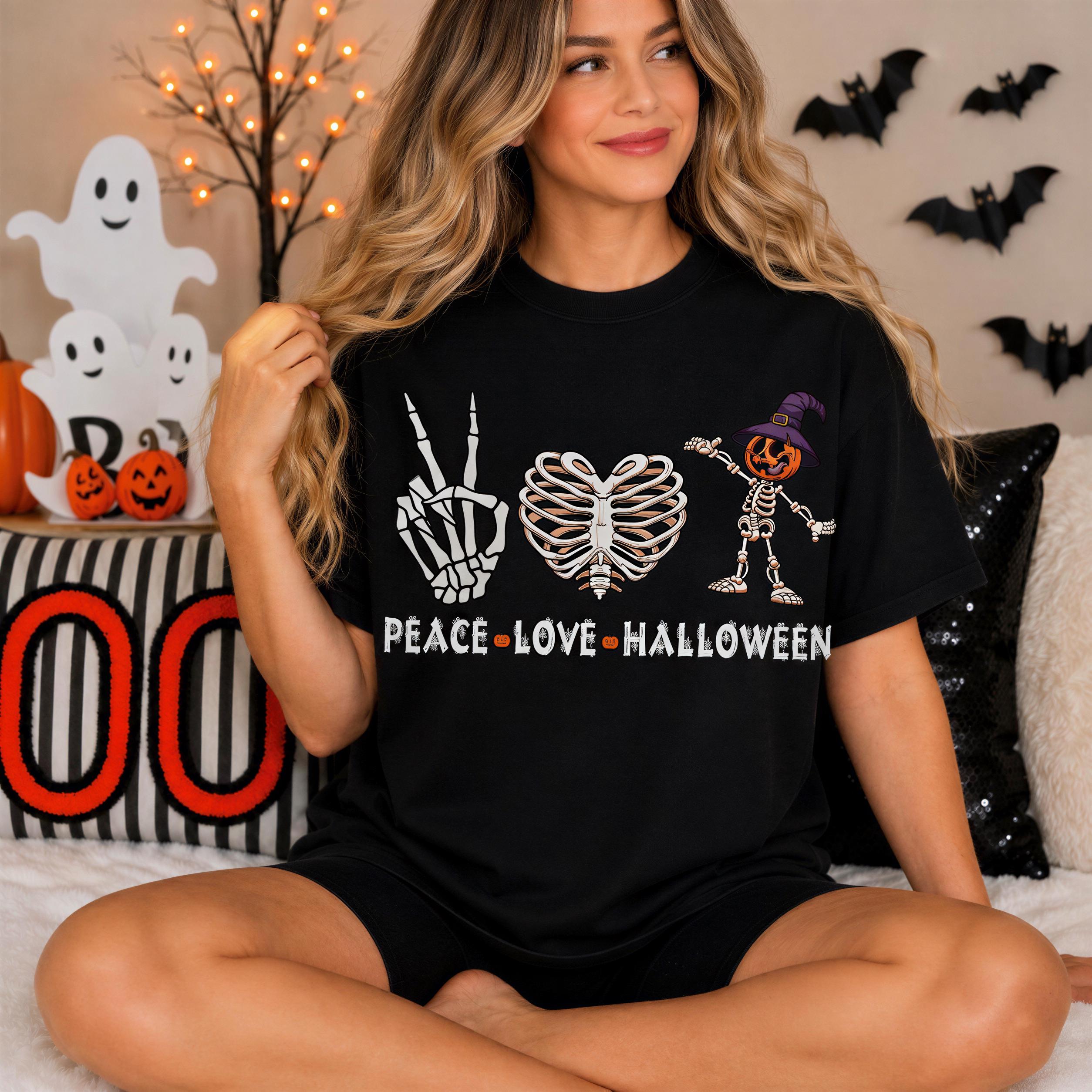 A woman wearing a black t-shirt with Halloween-themed graphics and text, sitting on a couch with a skeleton decoration and bats in the background.