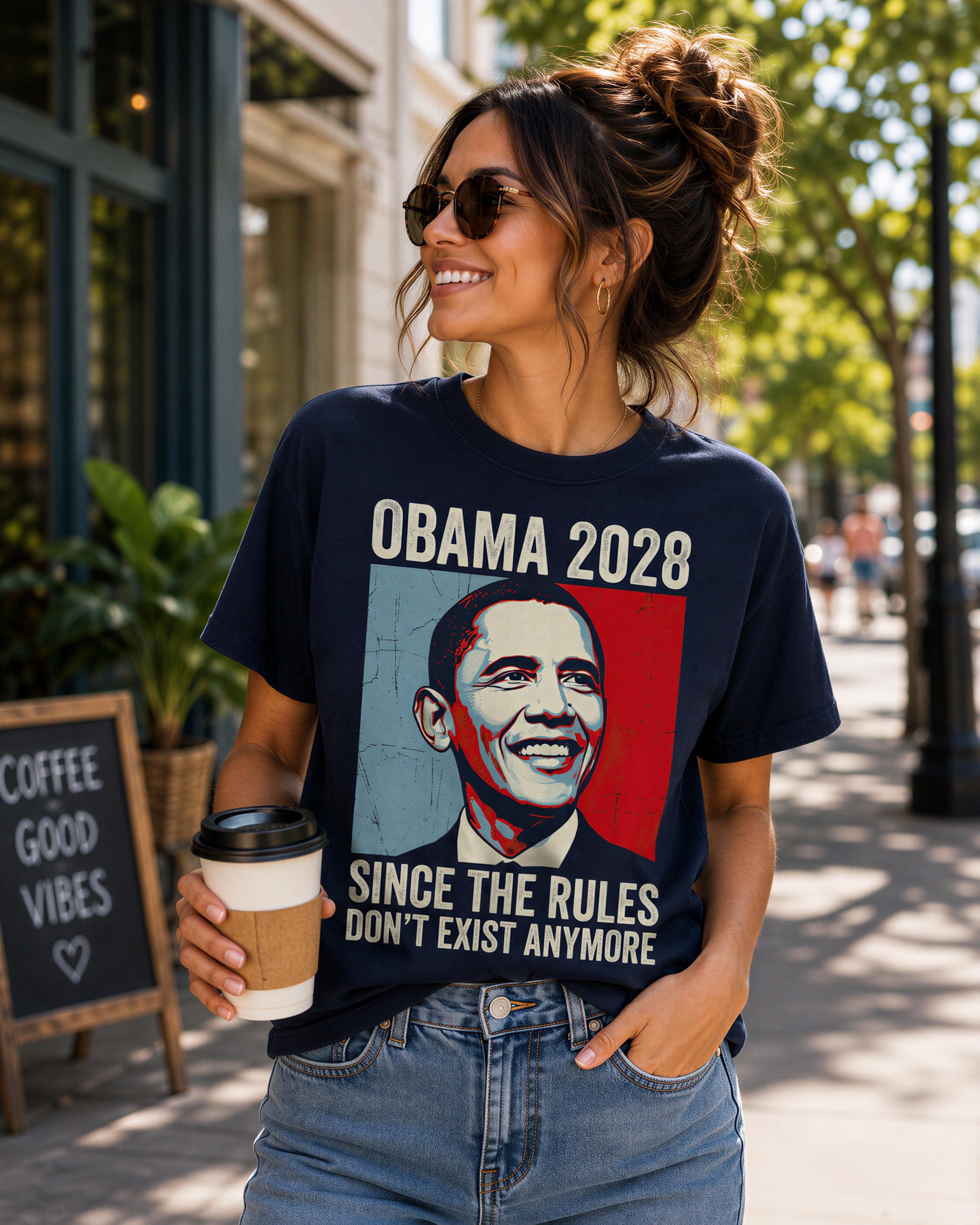 A woman wearing a t-shirt with a political message and holding a coffee cup is standing on a city street.
