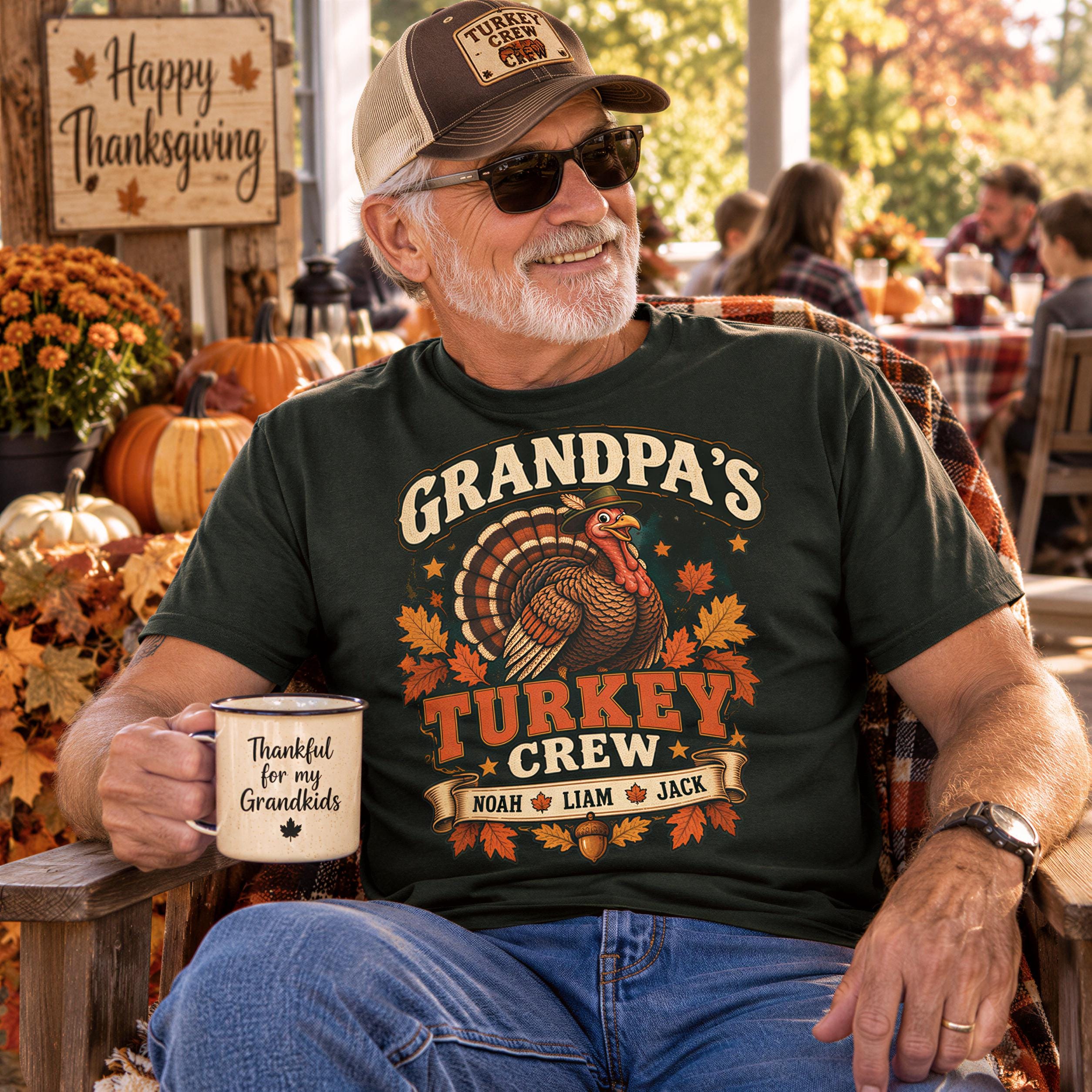A man wearing a green t-shirt with a turkey graphic and text, smiling, and holding a coffee mug with a Thanksgiving message.