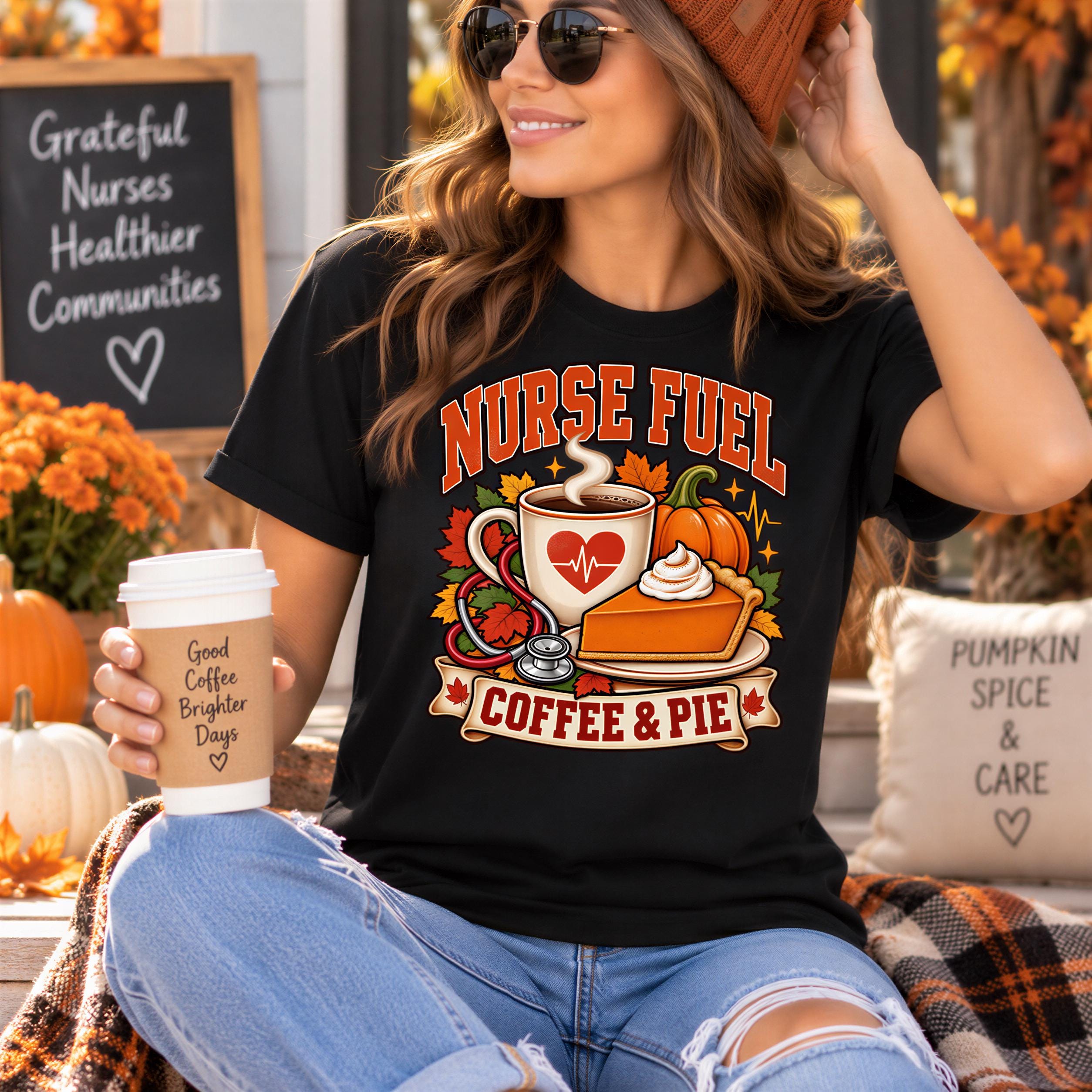 A woman wearing a black t-shirt with a graphic design of a coffee cup and pumpkin pie, holding a coffee cup and sitting on a plaid blanket.