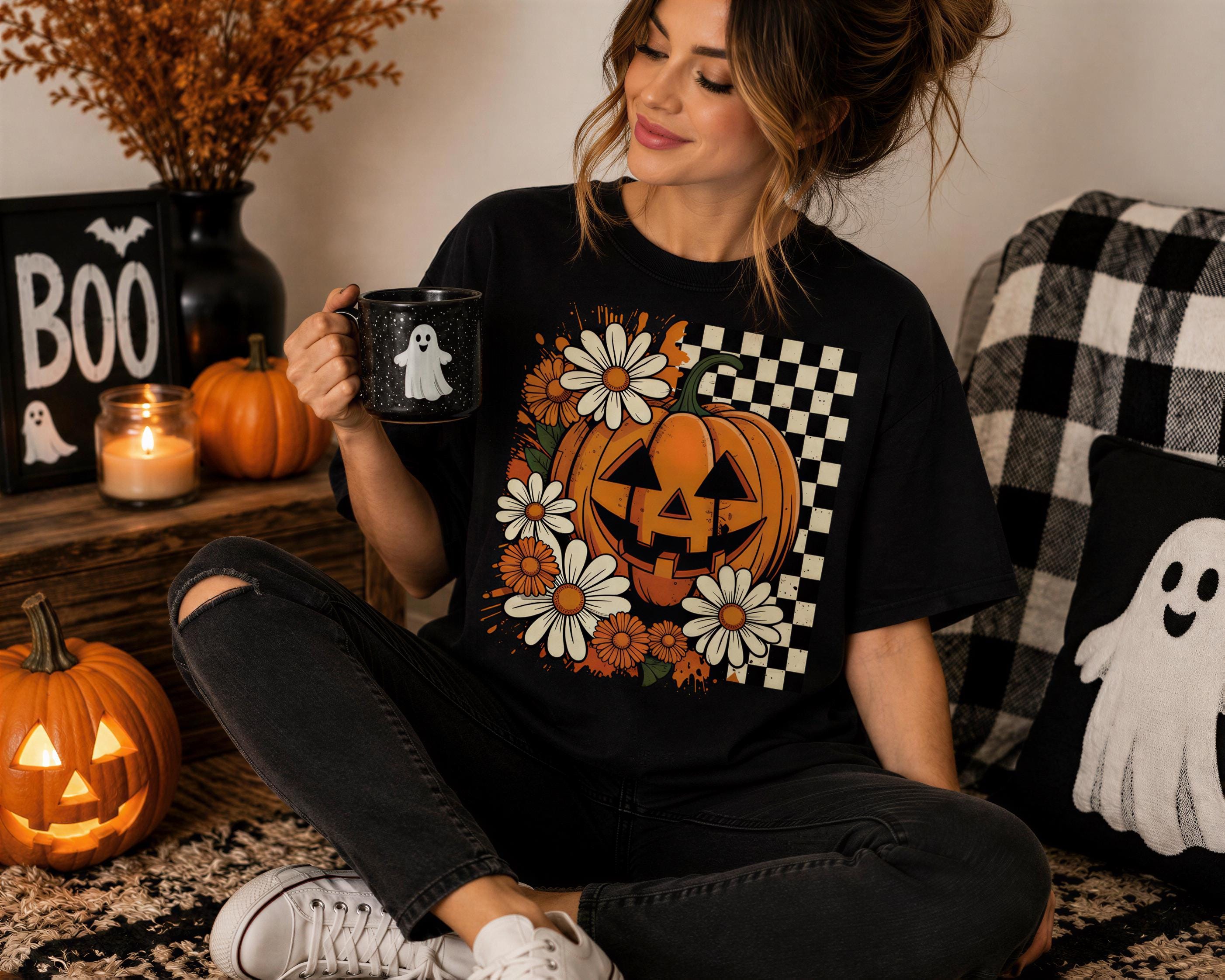 A woman sitting on the floor, wearing a black t-shirt with a pumpkin and ghost design, holding a mug with a pumpkin and ghost design. There are Halloween decorations and a pumpkin in the background.