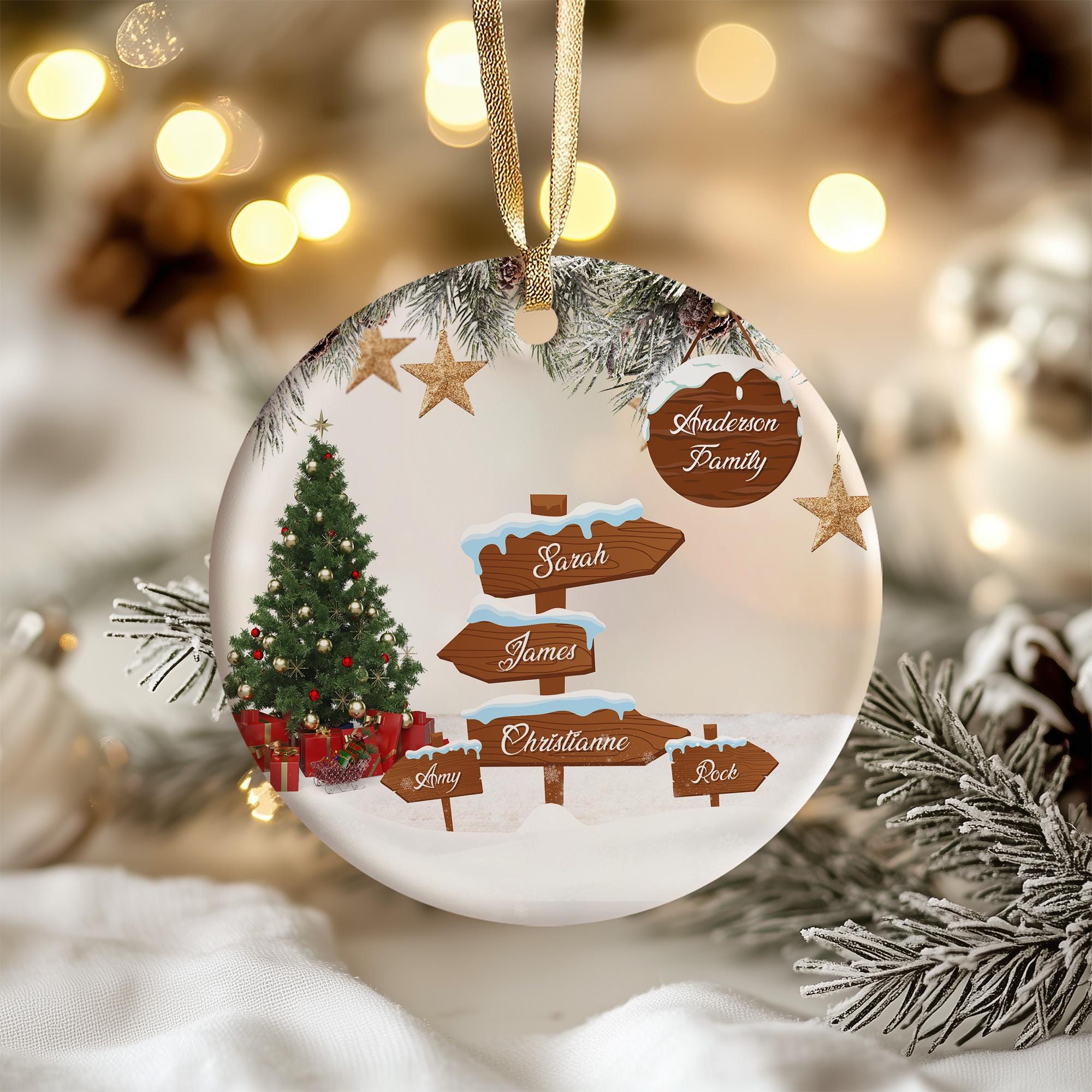A round ornament with a Christmas tree and wooden signs pointing to different destinations, surrounded by snow and pine branches.